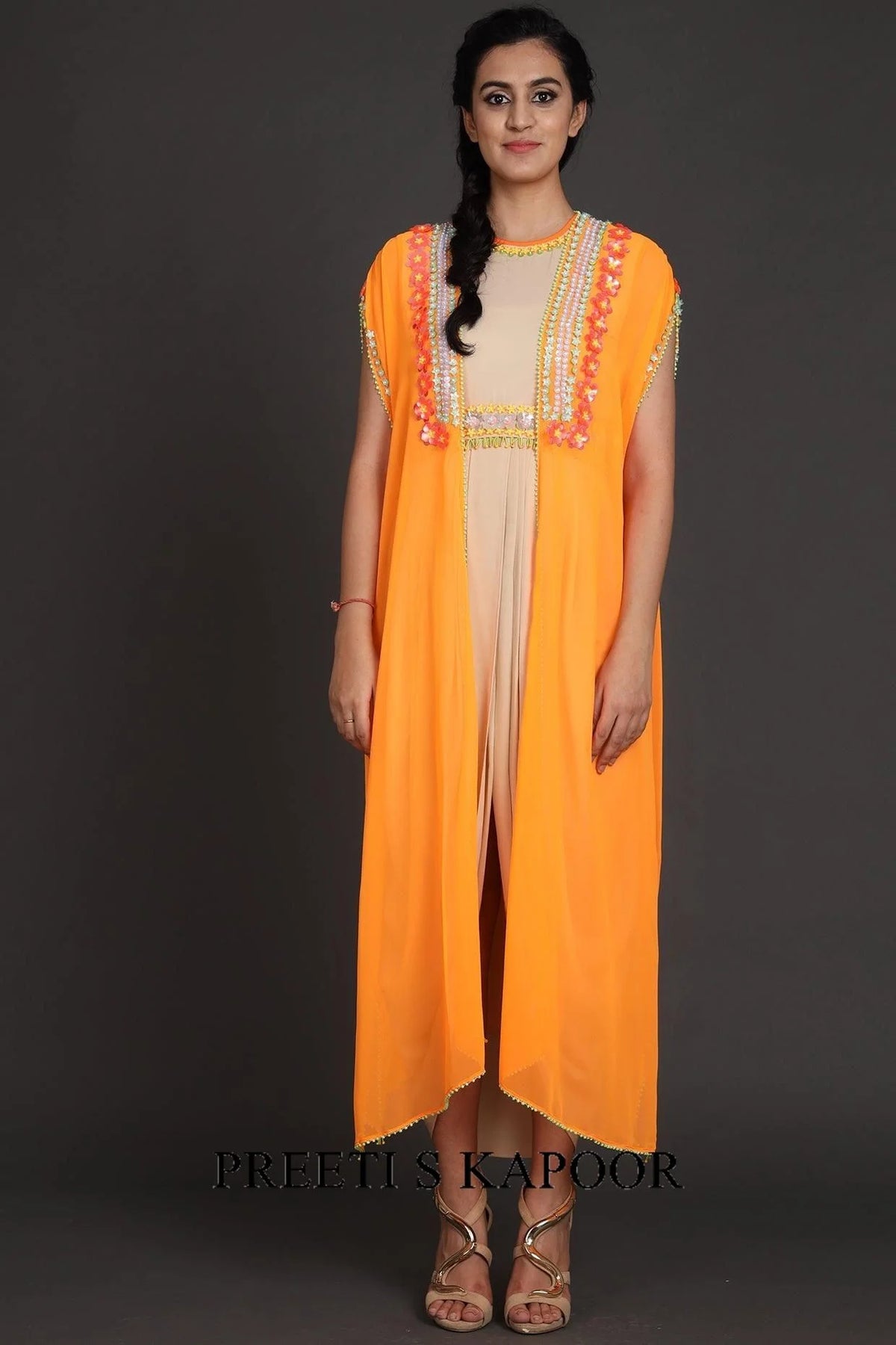 Rust Orange & Beige Embroidered Jumpsuit With Cape - Preeti S Kapoor