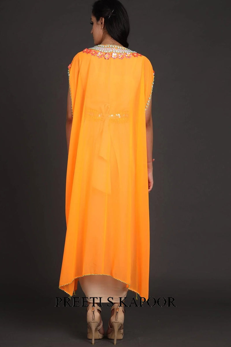 Rust Orange & Beige Embroidered Jumpsuit With Cape - Preeti S Kapoor