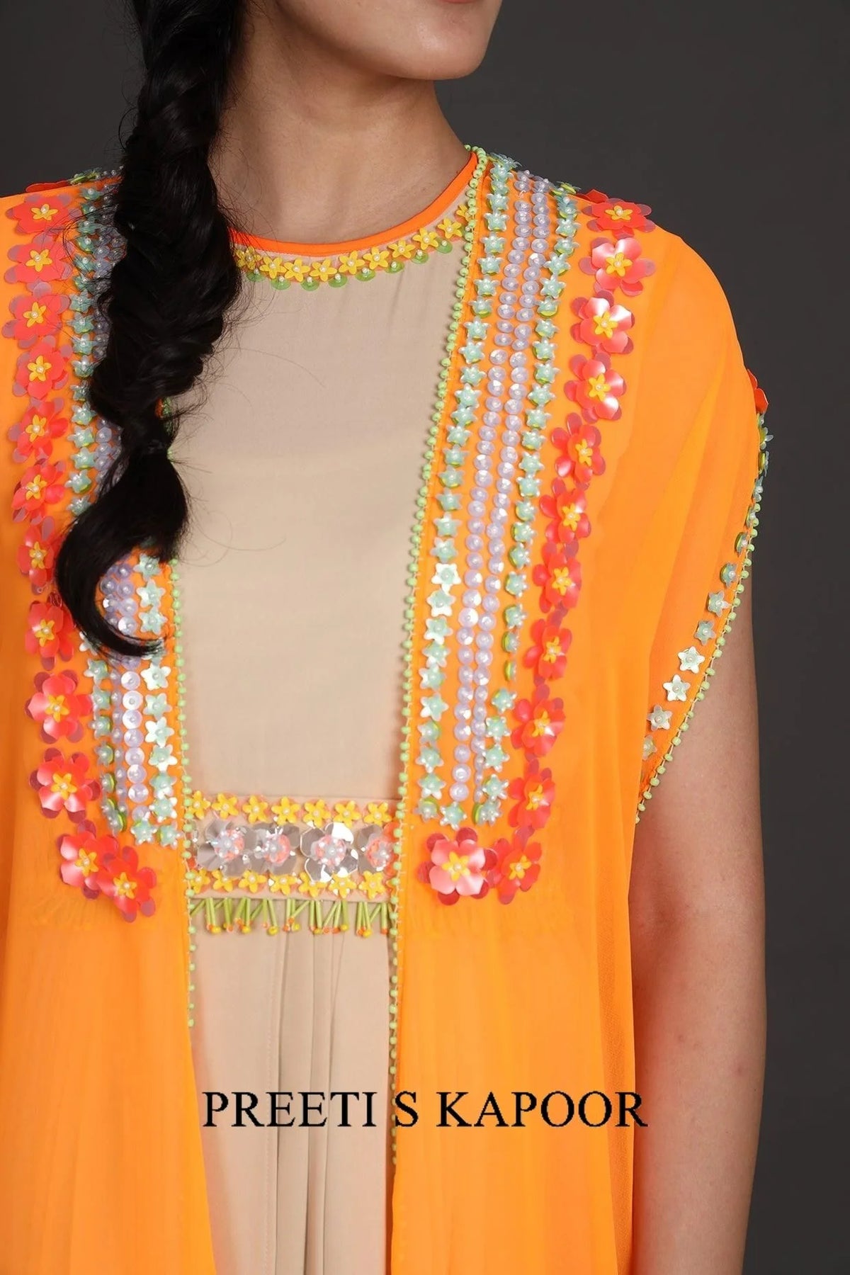 Rust Orange & Beige Embroidered Jumpsuit With Cape - Preeti S Kapoor