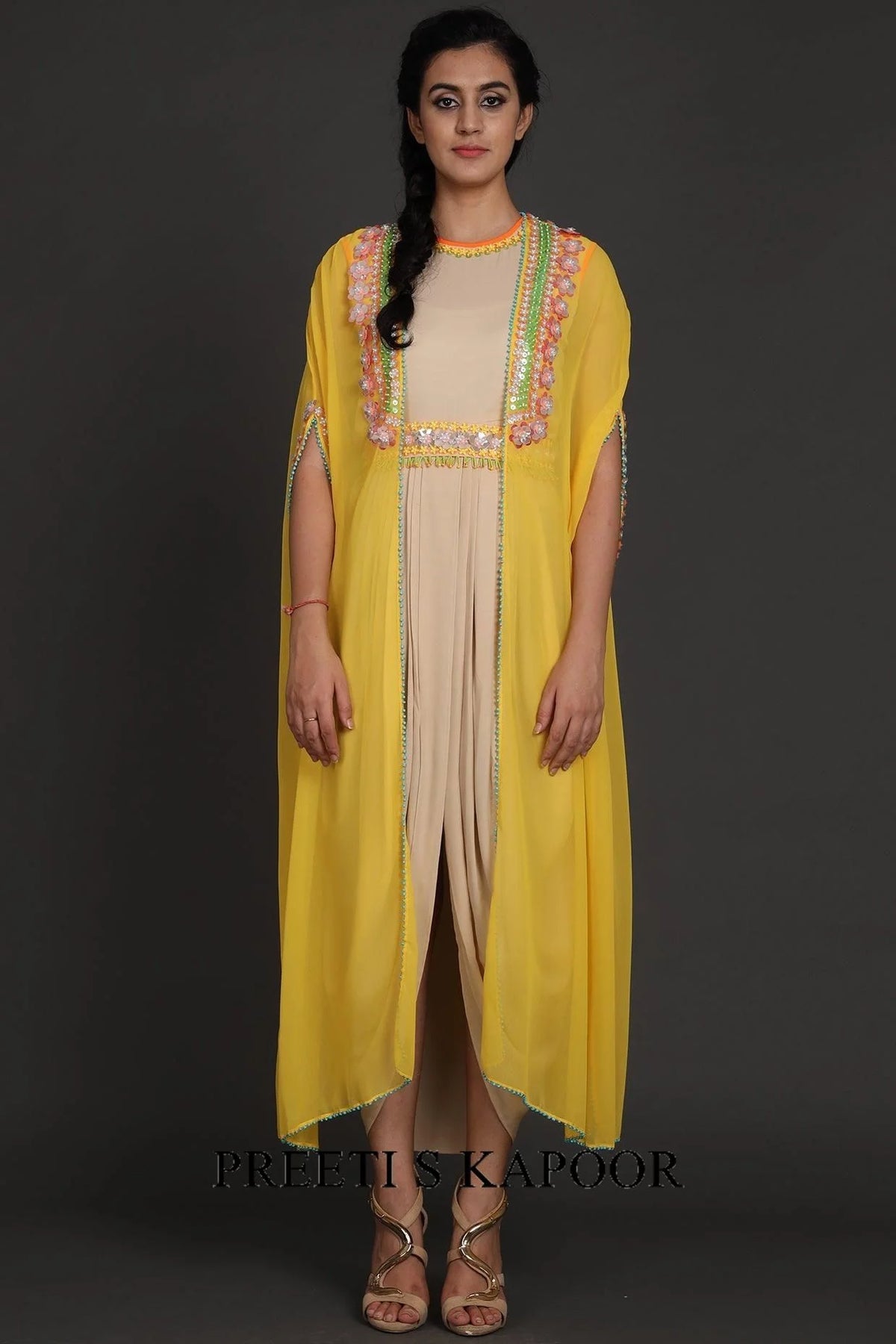 Yellow & Beige Embroidered Jumpsuit With Cape - Preeti S Kapoor