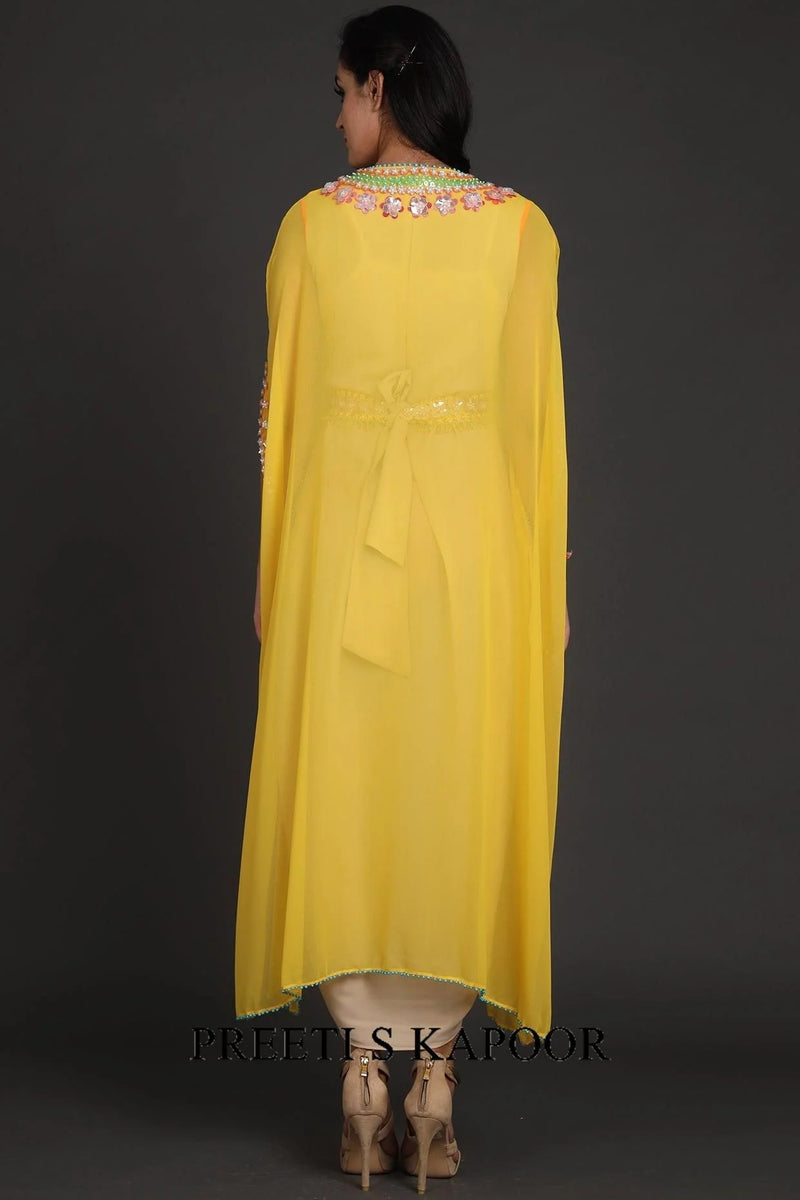Yellow & Beige Embroidered Jumpsuit With Cape - Preeti S Kapoor