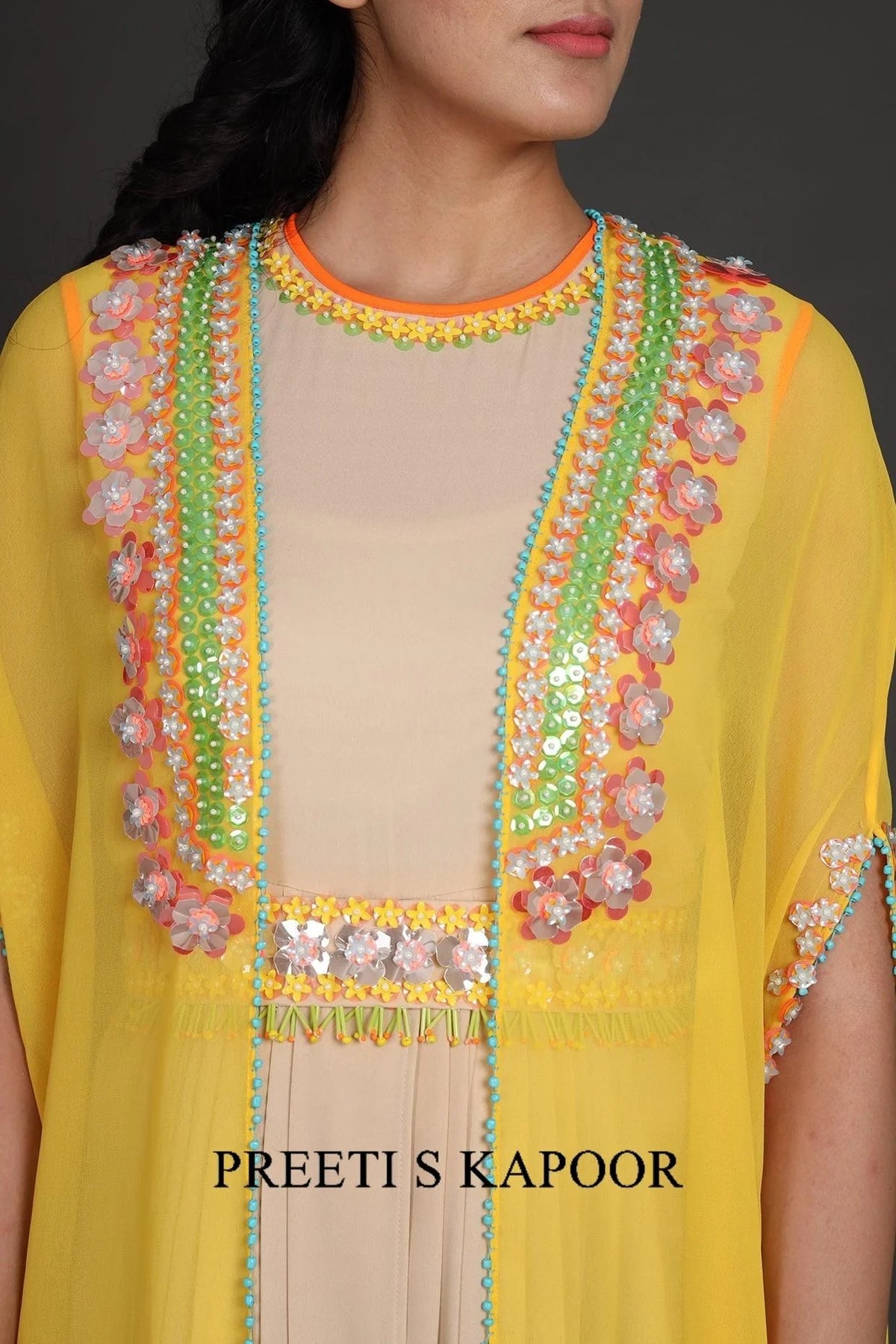 Yellow & Beige Embroidered Jumpsuit With Cape - Preeti S Kapoor