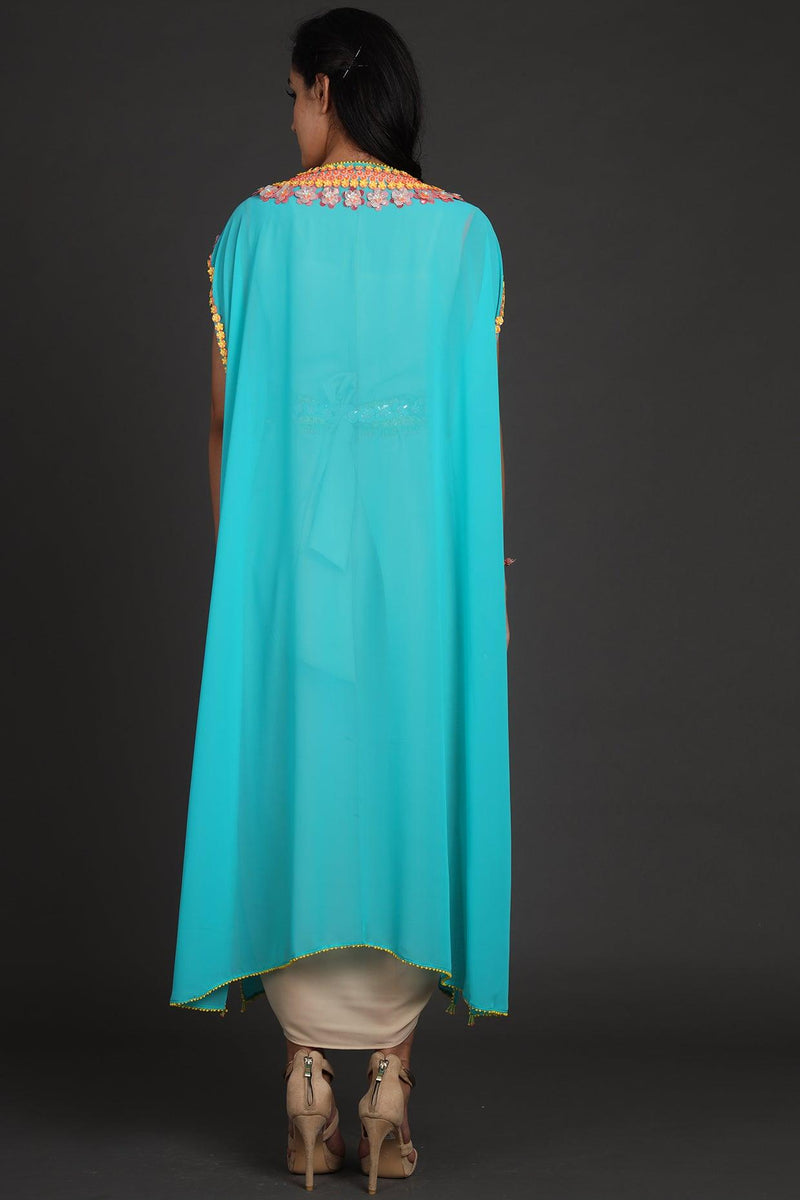 Blue & Beige Embroidered Jumpsuit With Cape - Preeti s kapoor
