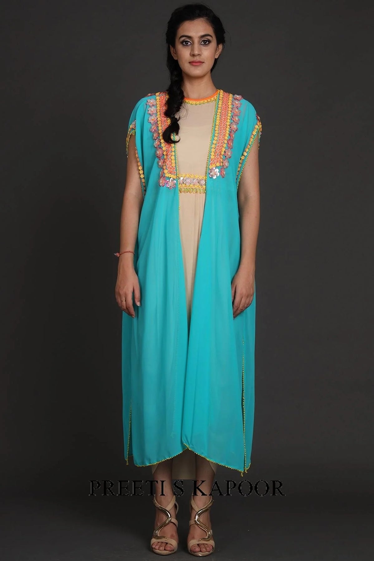 Blue & Beige Embroidered Jumpsuit With Cape - Preeti S Kapoor