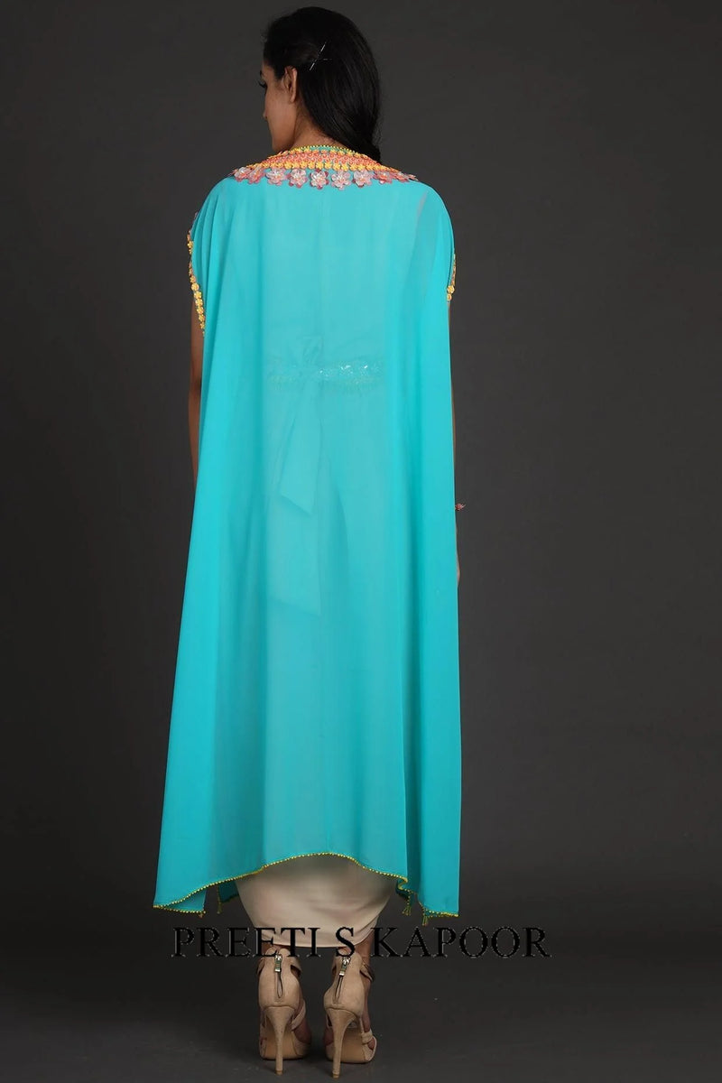 Blue & Beige Embroidered Jumpsuit With Cape - Preeti S Kapoor