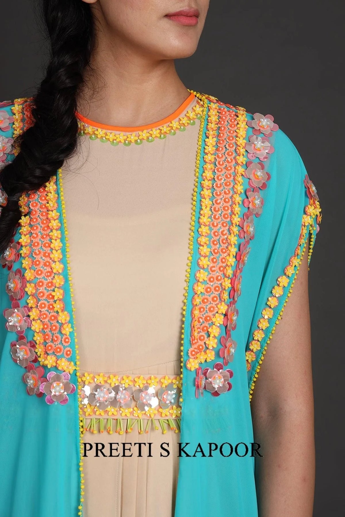 Blue & Beige Embroidered Jumpsuit With Cape - Preeti S Kapoor