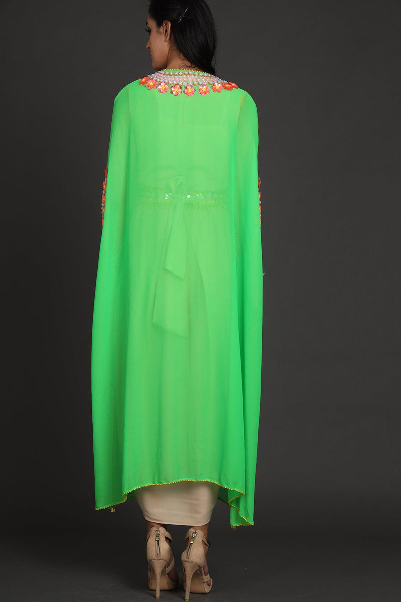 Green & Beige Embroidered Jumpsuit With Cape - Preeti s kapoor