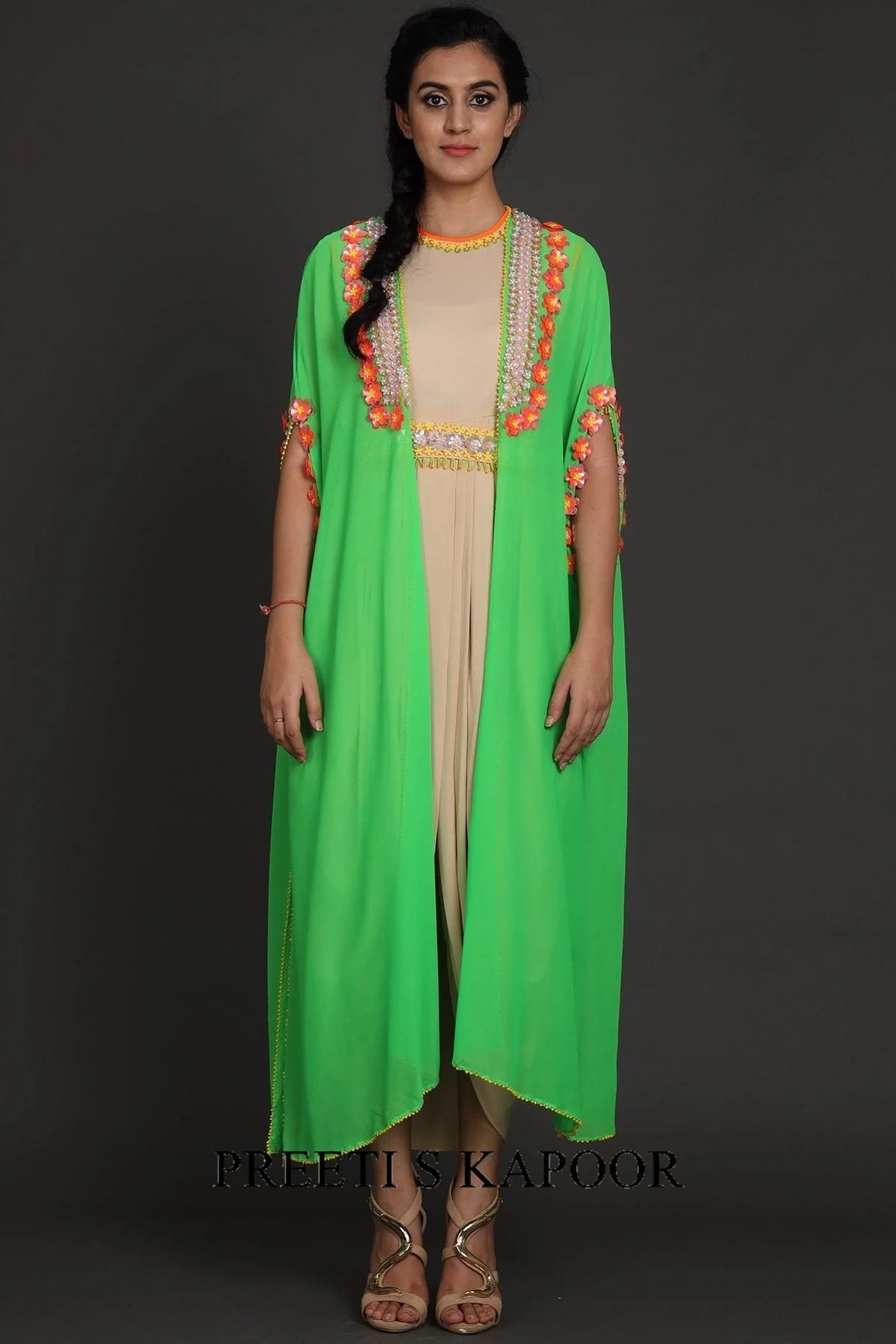 Green & Beige Embroidered Jumpsuit With Cape - Preeti S Kapoor
