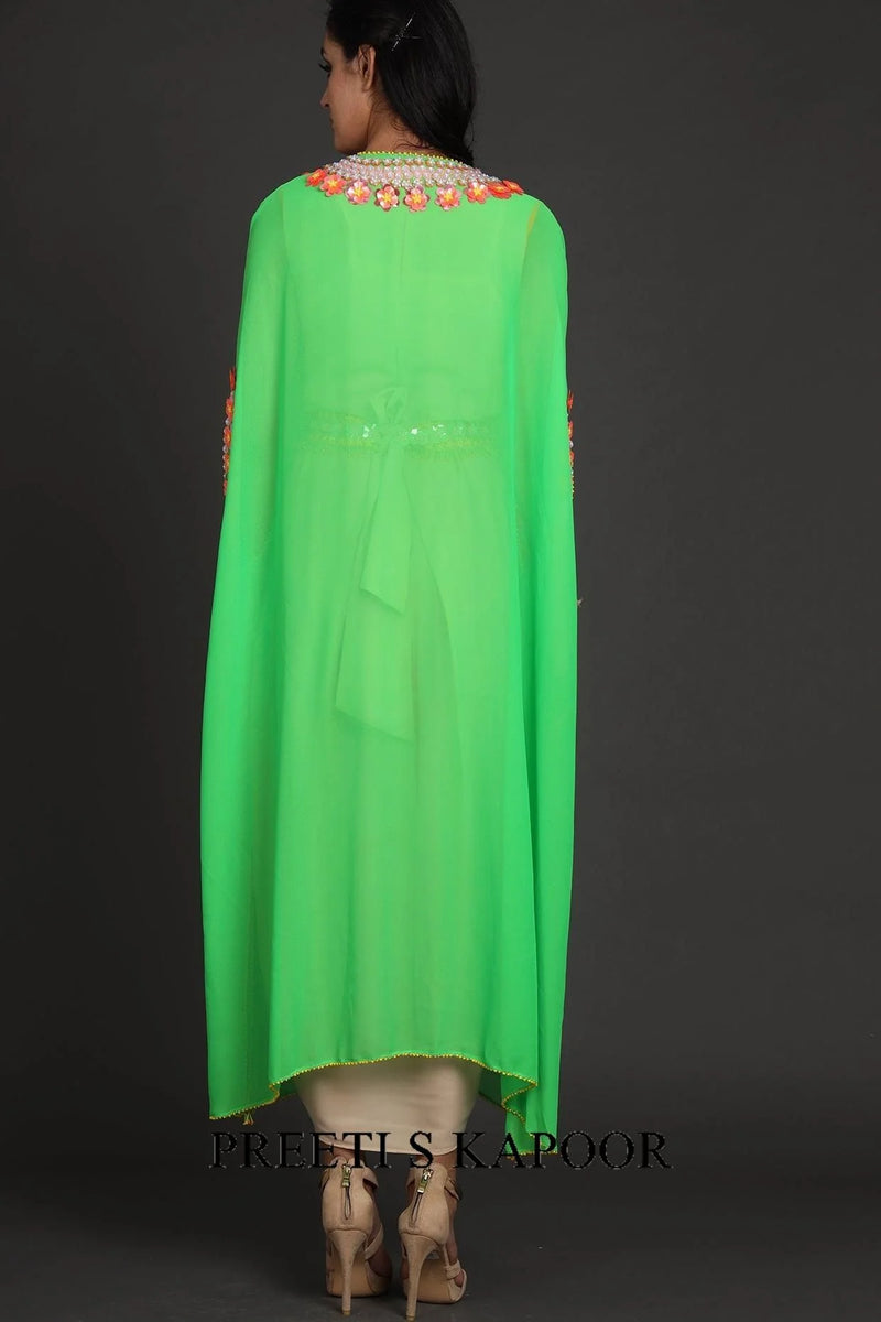 Green & Beige Embroidered Jumpsuit With Cape - Preeti S Kapoor