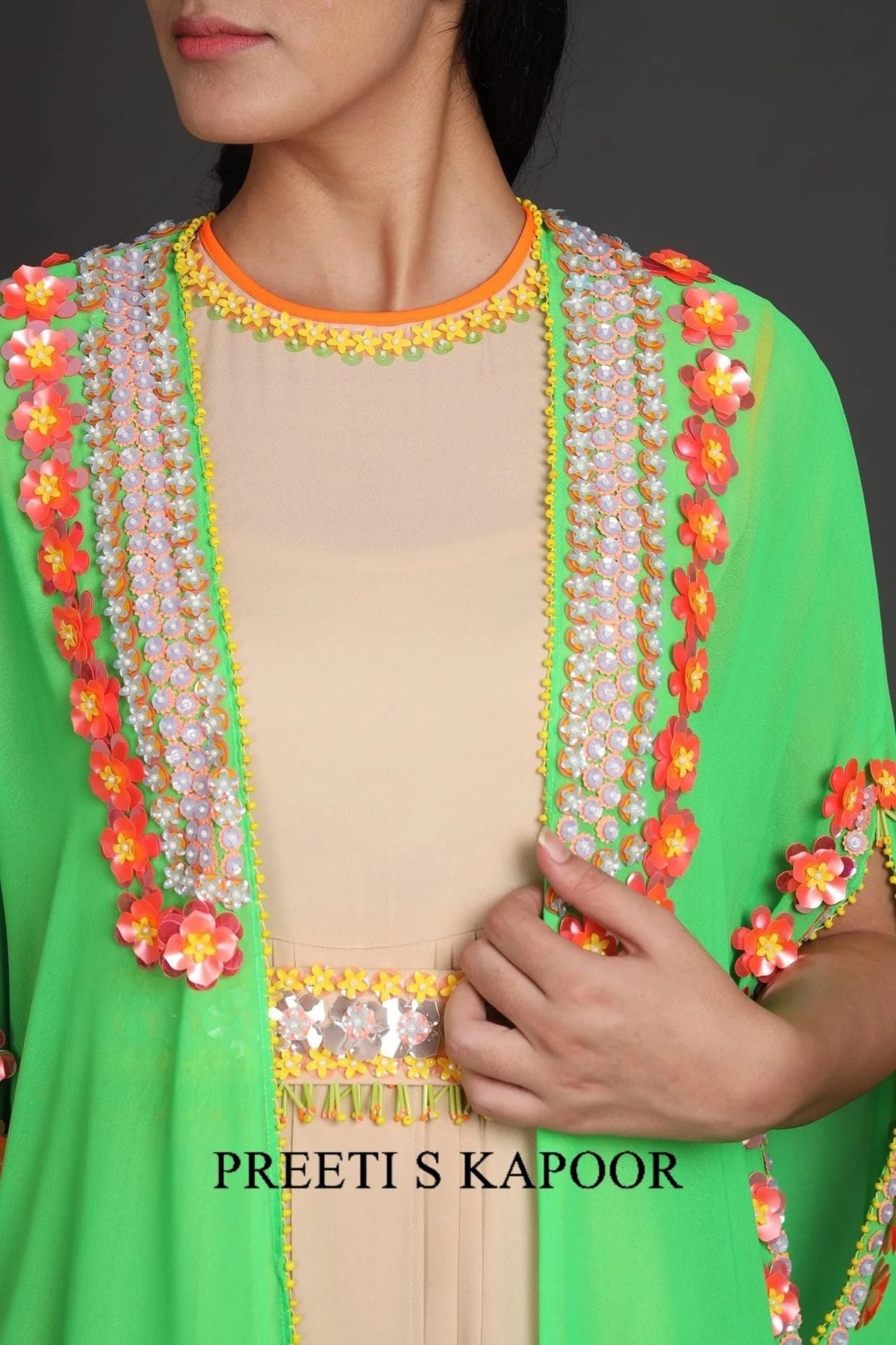 Green & Beige Embroidered Jumpsuit With Cape - Preeti S Kapoor