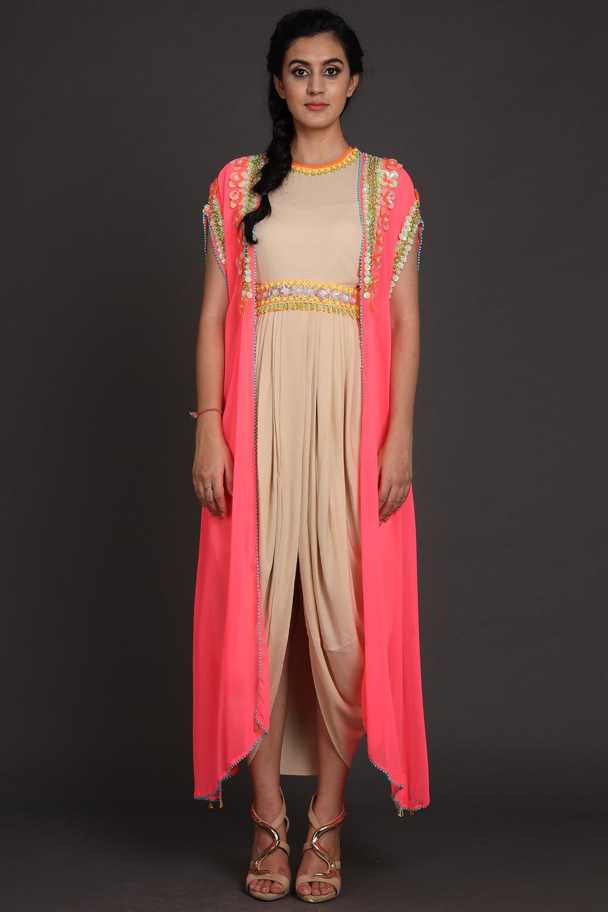 Pink & Beige Embroidered Jumpsuit With Cape - Preeti s kapoor