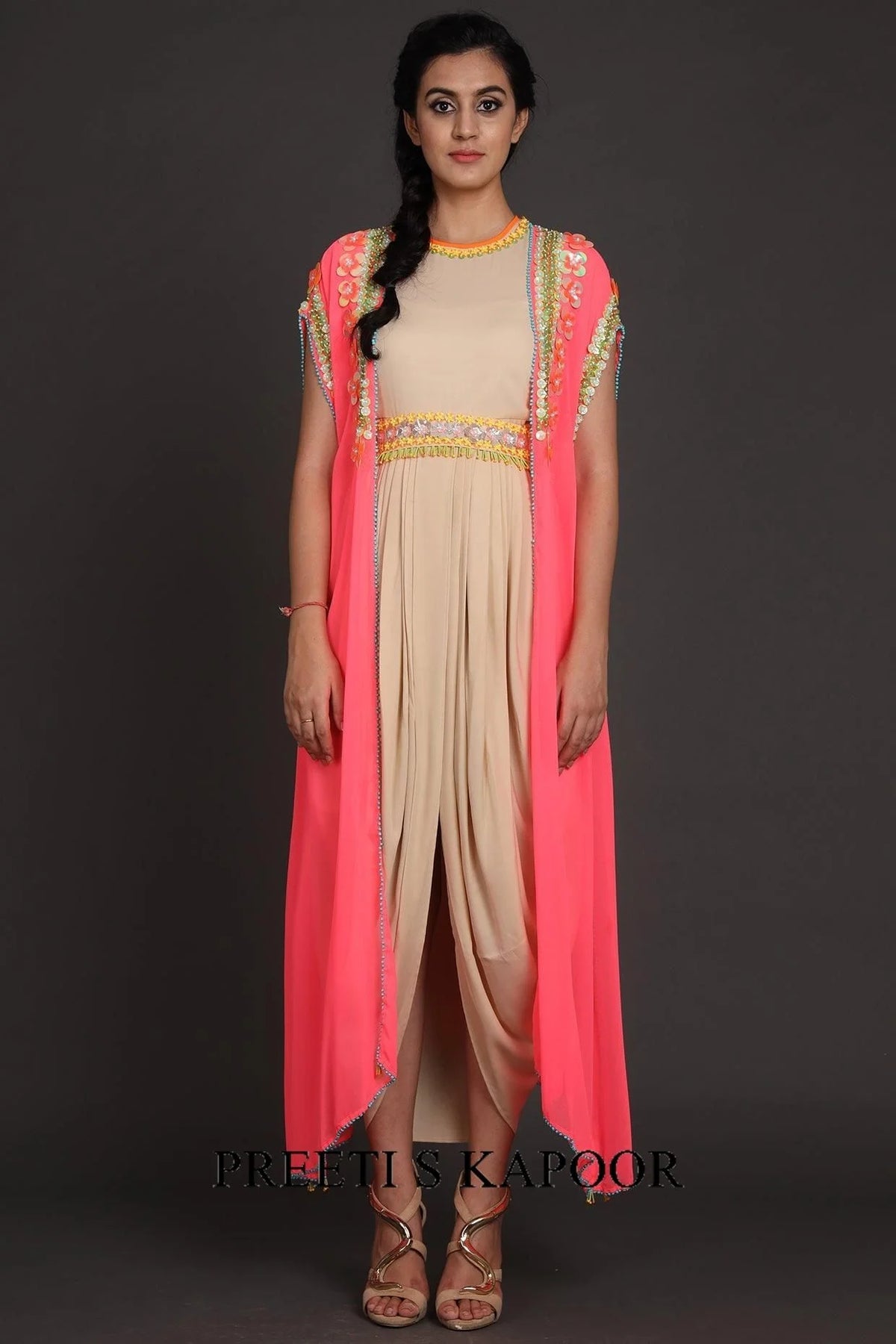 Pink & Beige Embroidered Jumpsuit With Cape - Preeti S Kapoor