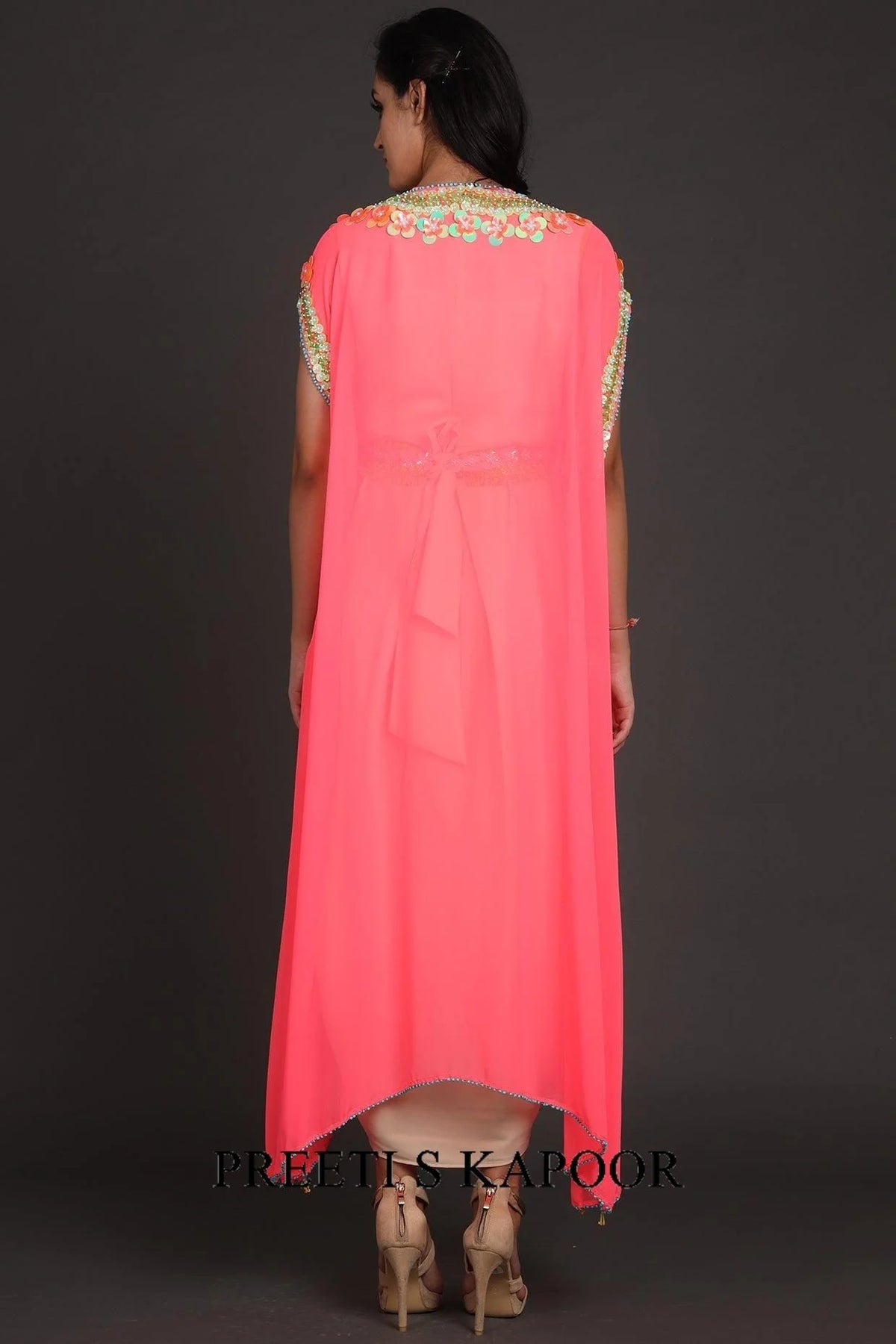 Pink & Beige Embroidered Jumpsuit With Cape - Preeti S Kapoor