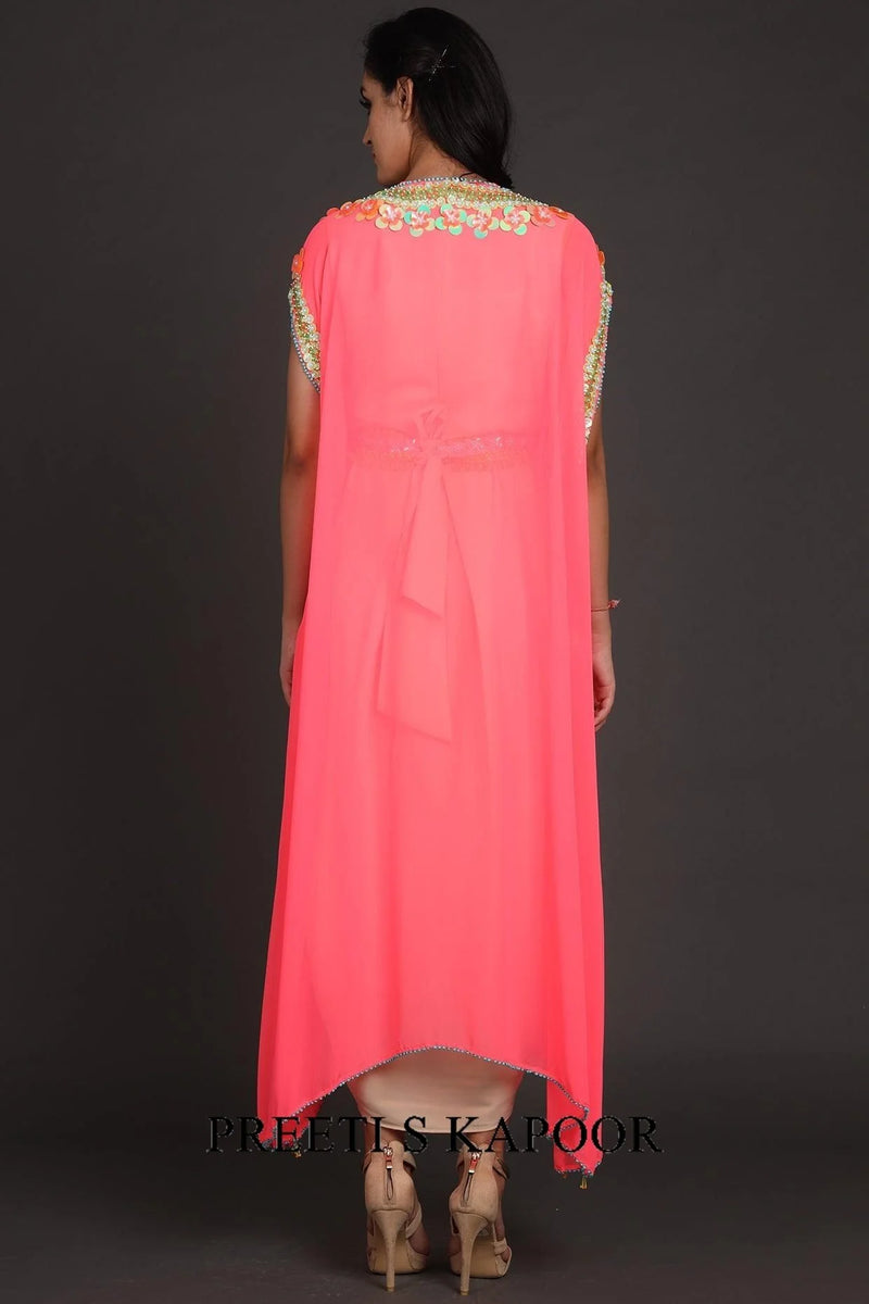 Pink & Beige Embroidered Jumpsuit With Cape - Preeti S Kapoor