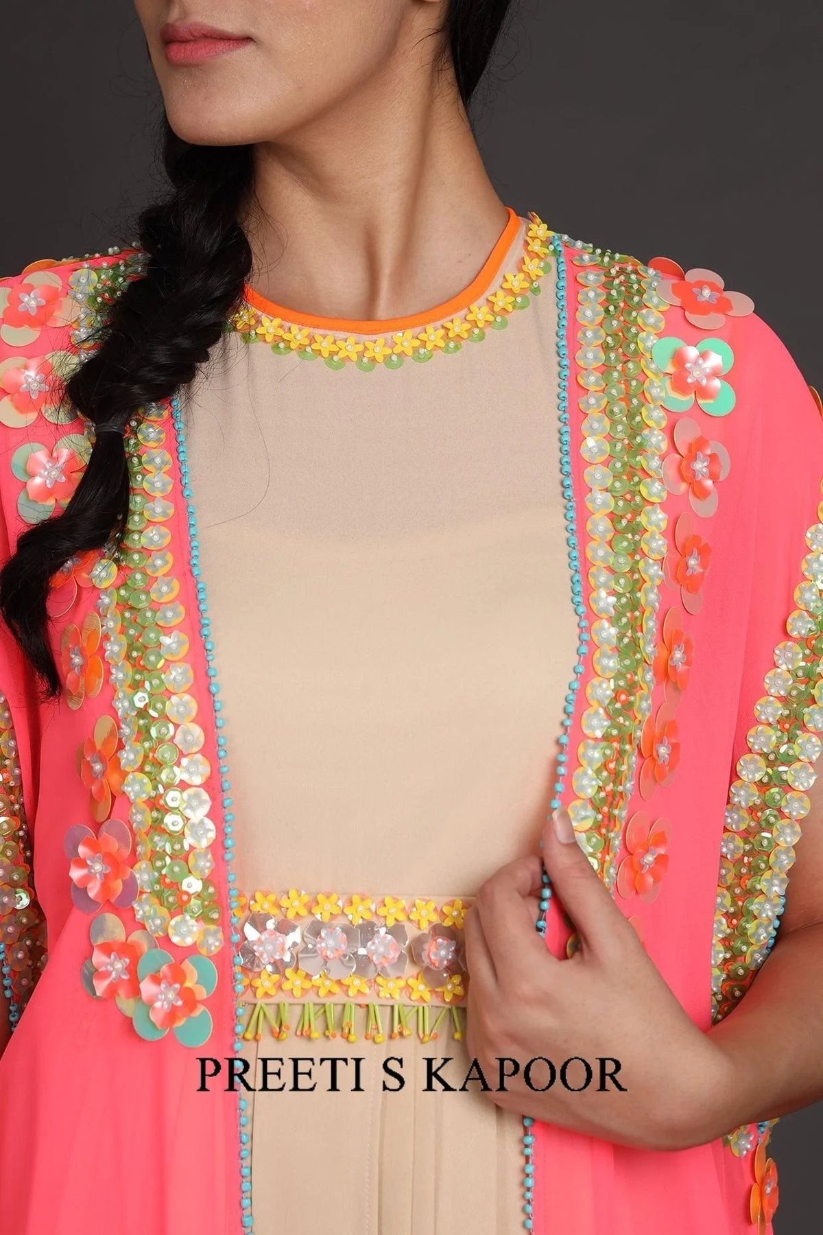 Pink & Beige Embroidered Jumpsuit With Cape - Preeti S Kapoor