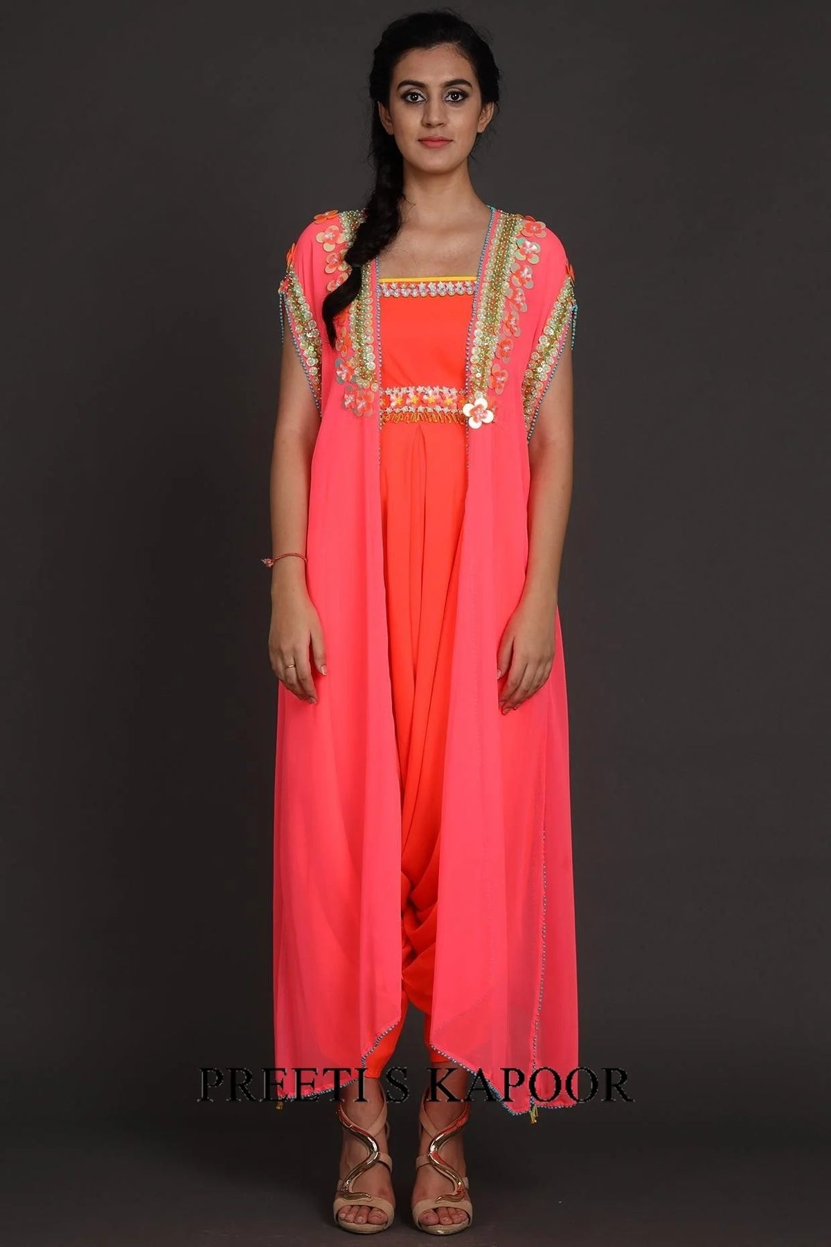 Pink & Orange Embroidered Jumpsuit With Cape - Preeti S Kapoor