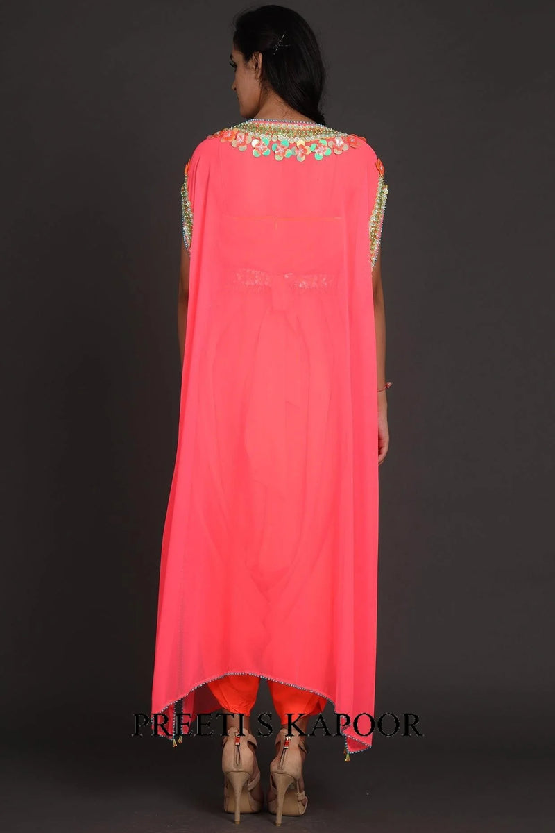 Pink & Orange Embroidered Jumpsuit With Cape - Preeti S Kapoor