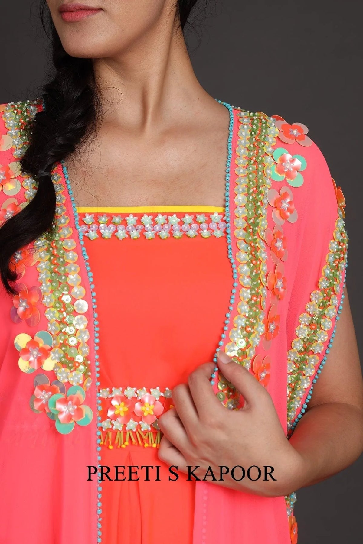 Pink & Orange Embroidered Jumpsuit With Cape - Preeti S Kapoor