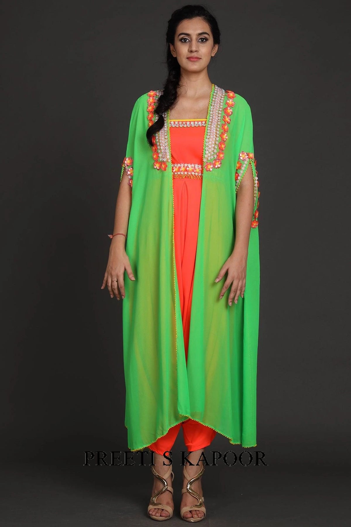 Green & Orange Embroidered Jumpsuit With Cape - Preeti S Kapoor