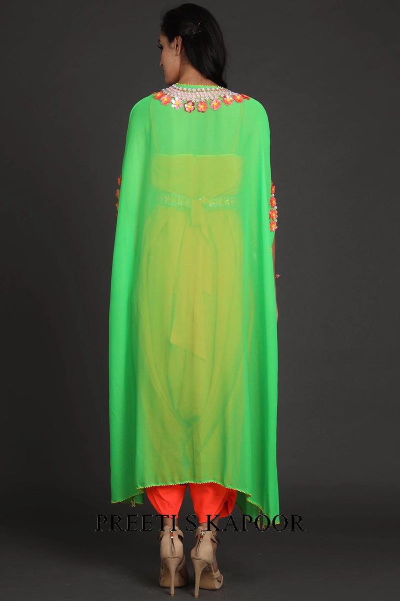 Green & Orange Embroidered Jumpsuit With Cape - Preeti S Kapoor