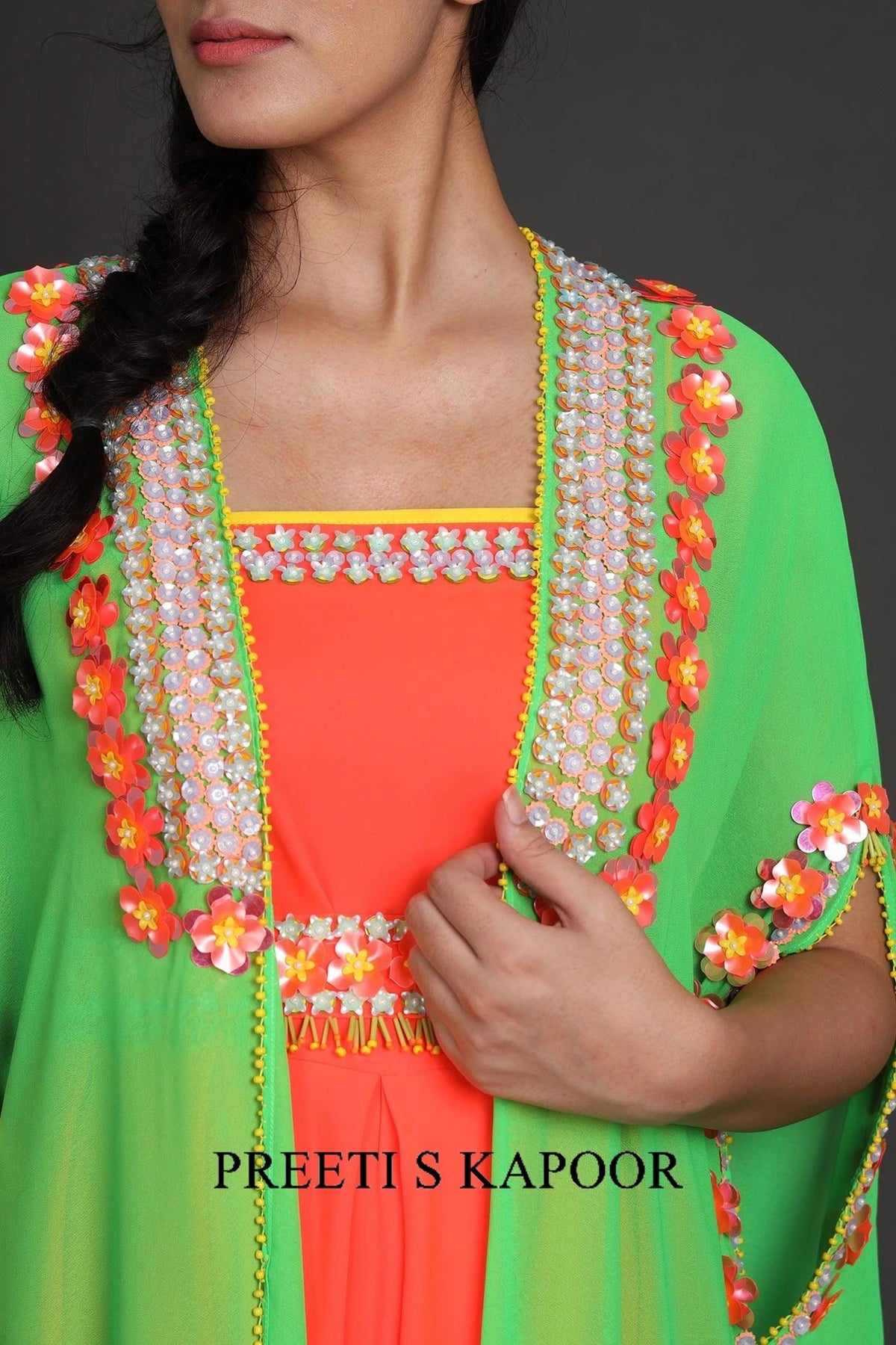 Green & Orange Embroidered Jumpsuit With Cape - Preeti S Kapoor
