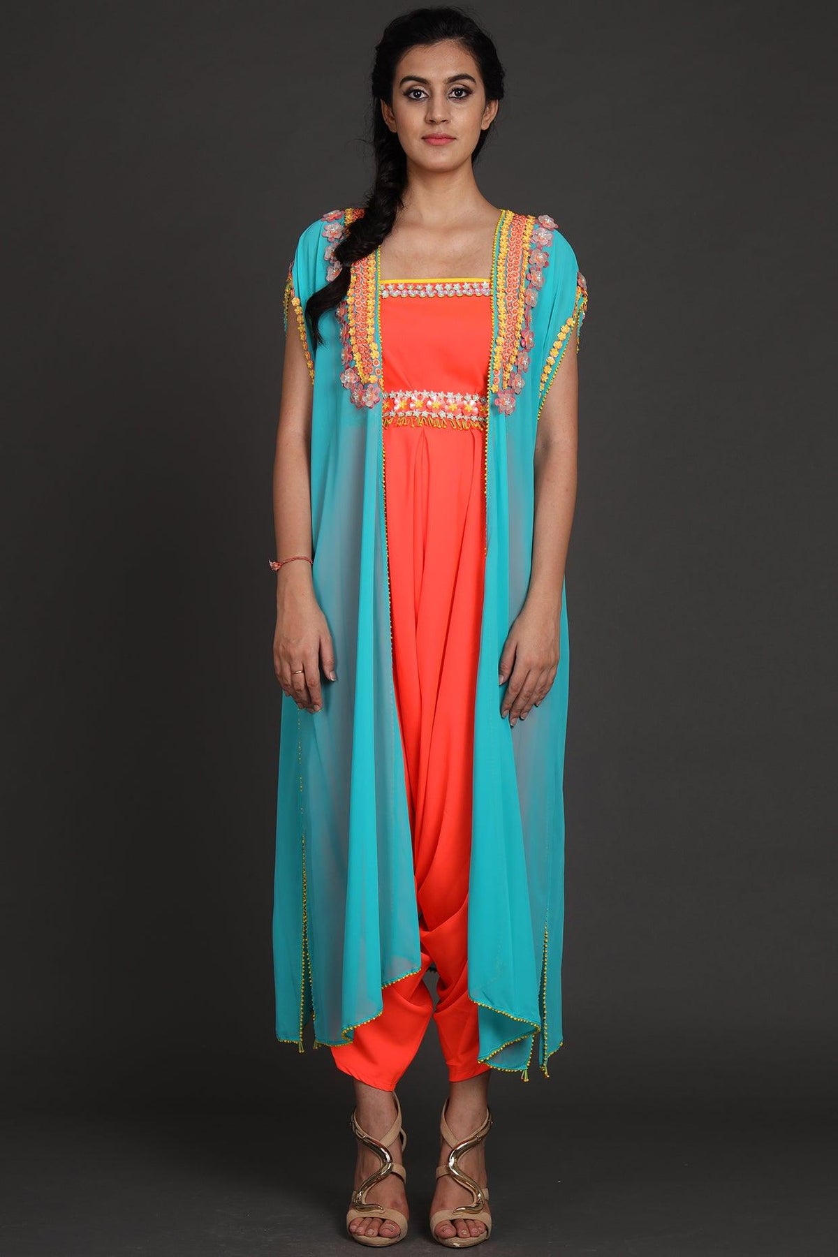 Blue & Orange Embroidered Jumpsuit With Cape - Preeti s kapoor