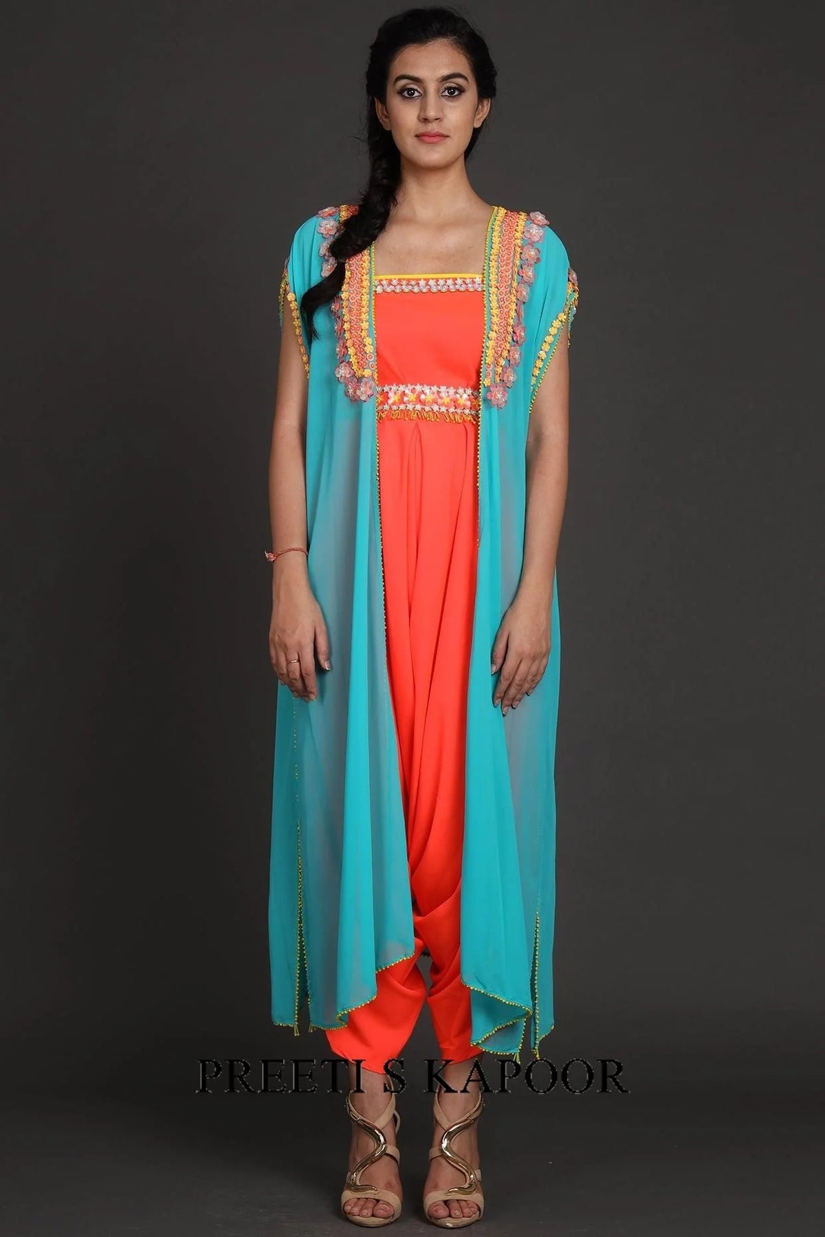 Blue & Orange Embroidered Jumpsuit With Cape - Preeti S Kapoor