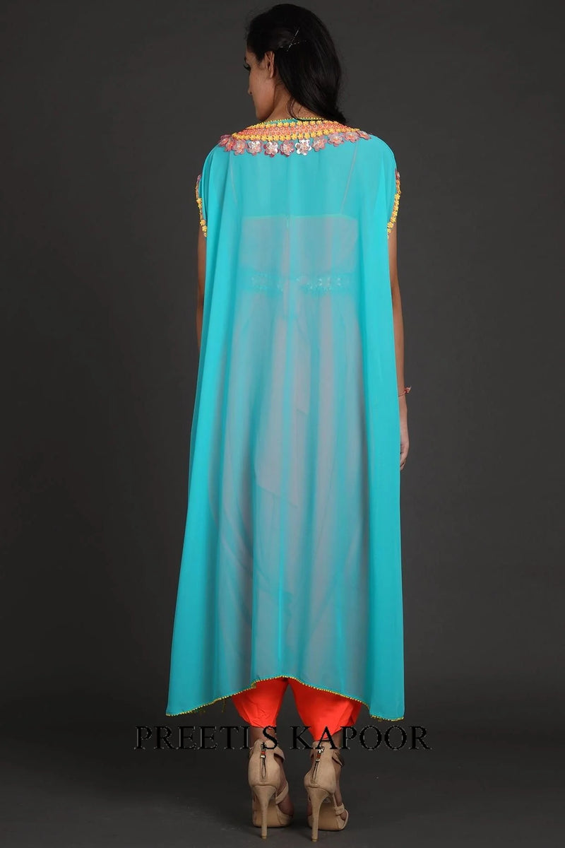Blue & Orange Embroidered Jumpsuit With Cape - Preeti S Kapoor
