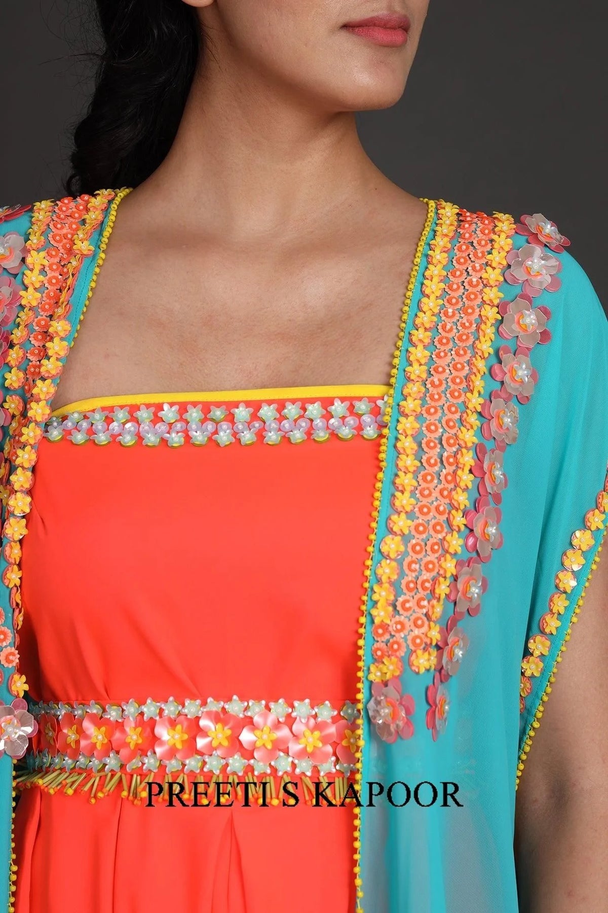Blue & Orange Embroidered Jumpsuit With Cape - Preeti S Kapoor