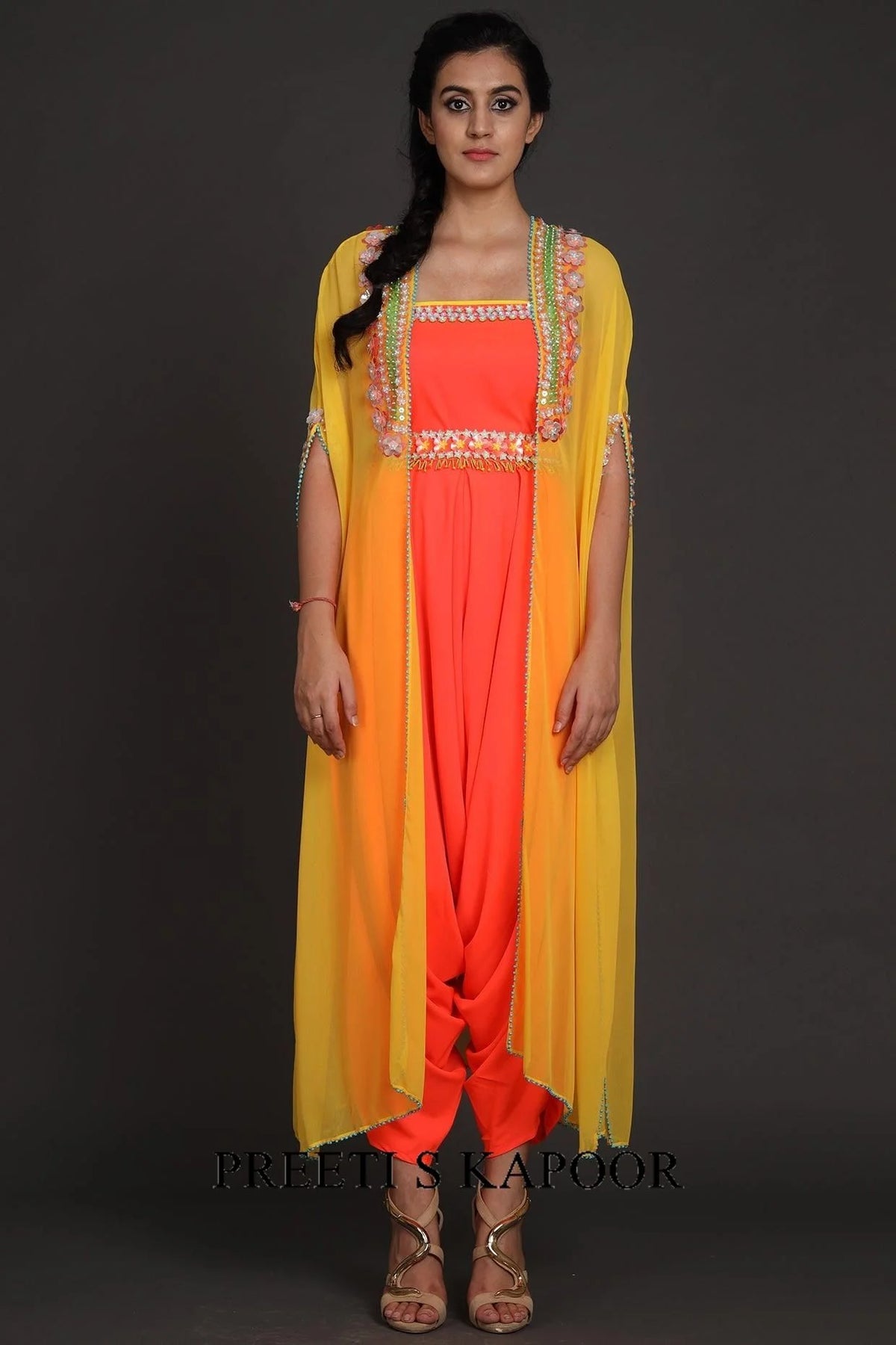 Yellow & Orange Sequince Embroidered Jumpsuit With Cape - Preeti S Kapoor