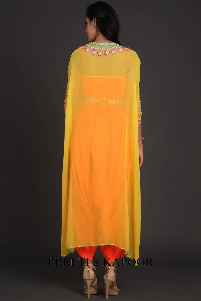 Yellow & Orange Sequince Embroidered Jumpsuit With Cape - Preeti S Kapoor
