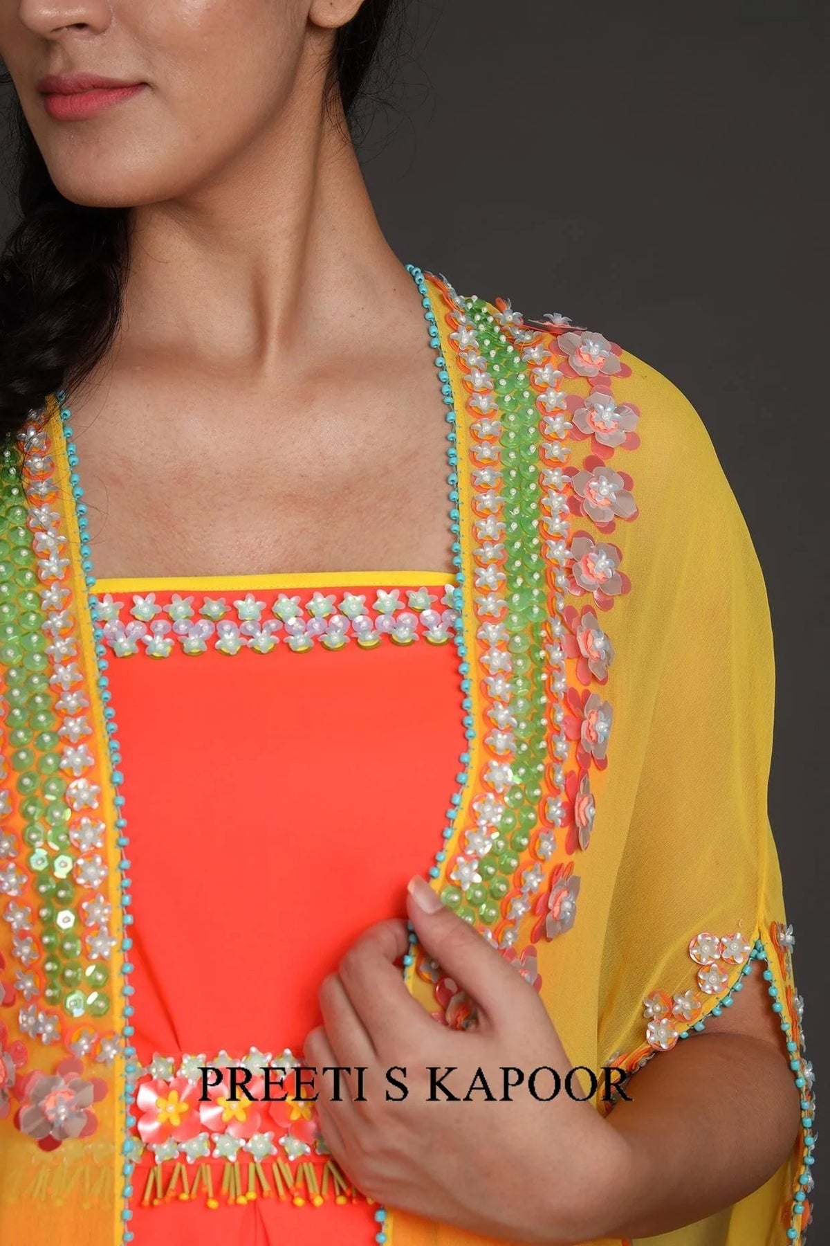 Yellow & Orange Sequince Embroidered Jumpsuit With Cape - Preeti S Kapoor