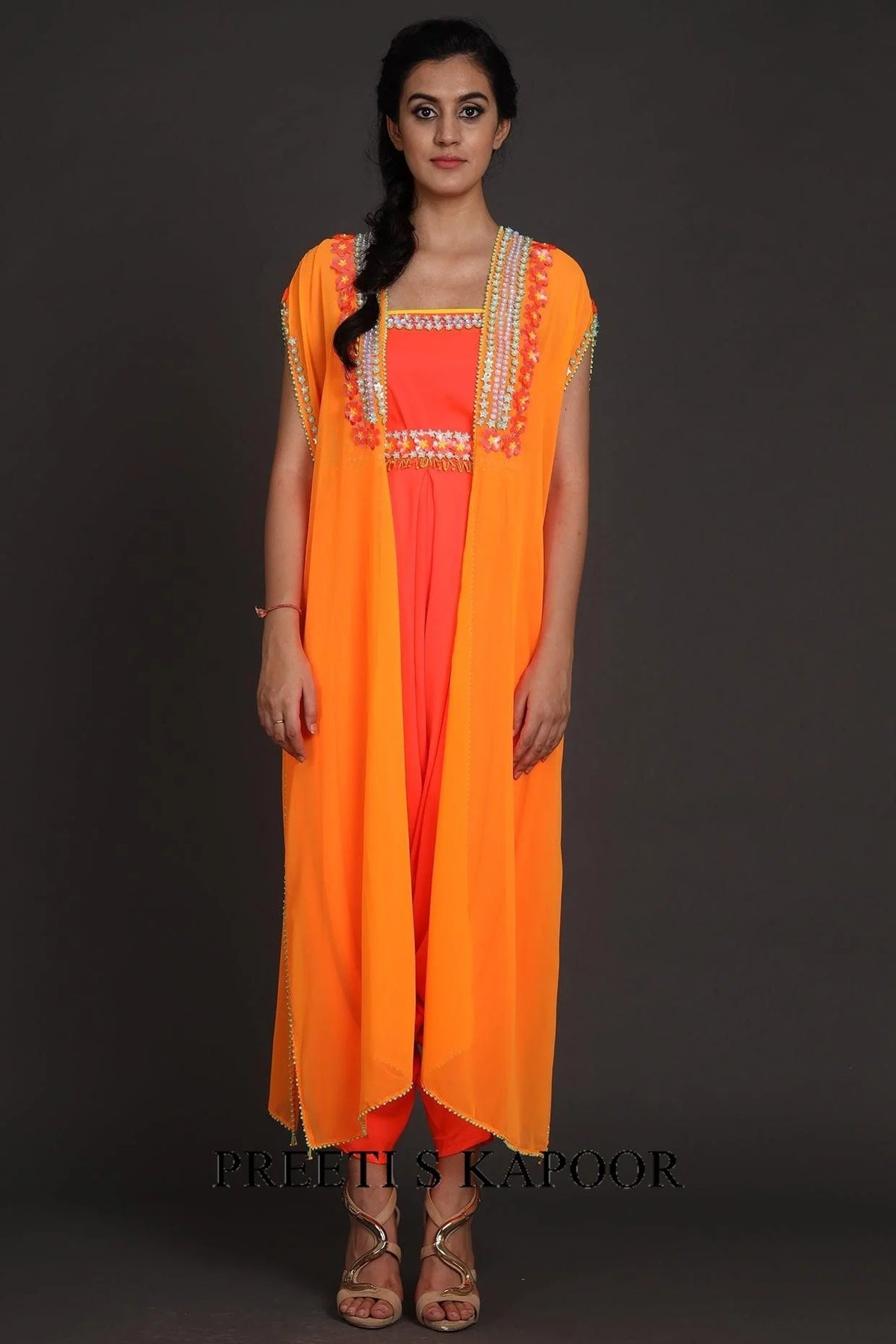 Rust Orange Embroidered Jumpsuit With Cape - Preeti S Kapoor
