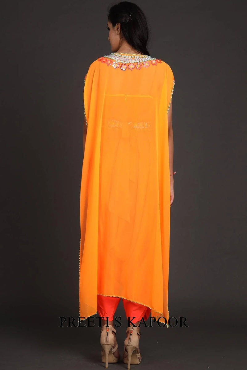Rust Orange Embroidered Jumpsuit With Cape - Preeti S Kapoor
