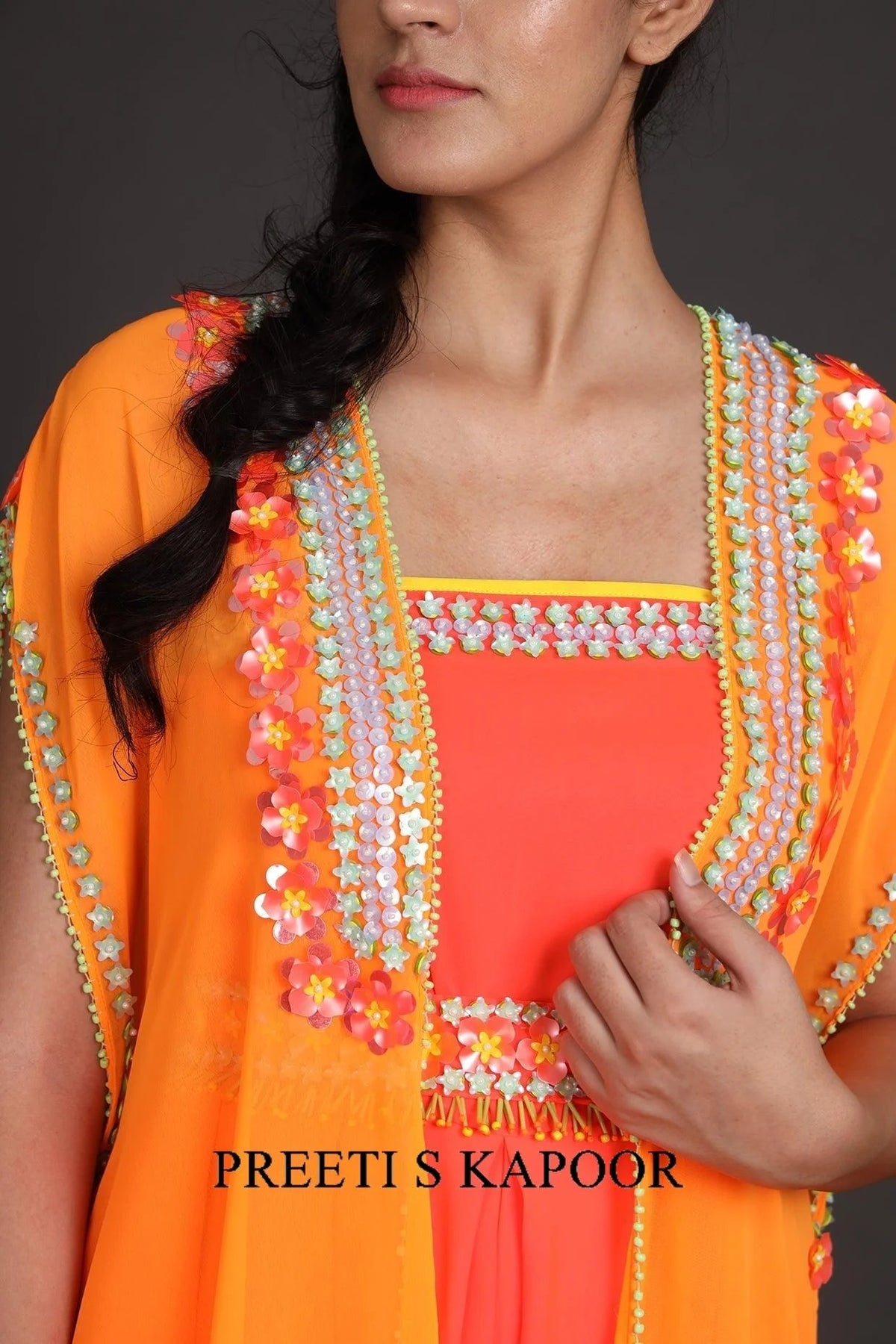 Rust Orange Embroidered Jumpsuit With Cape - Preeti S Kapoor