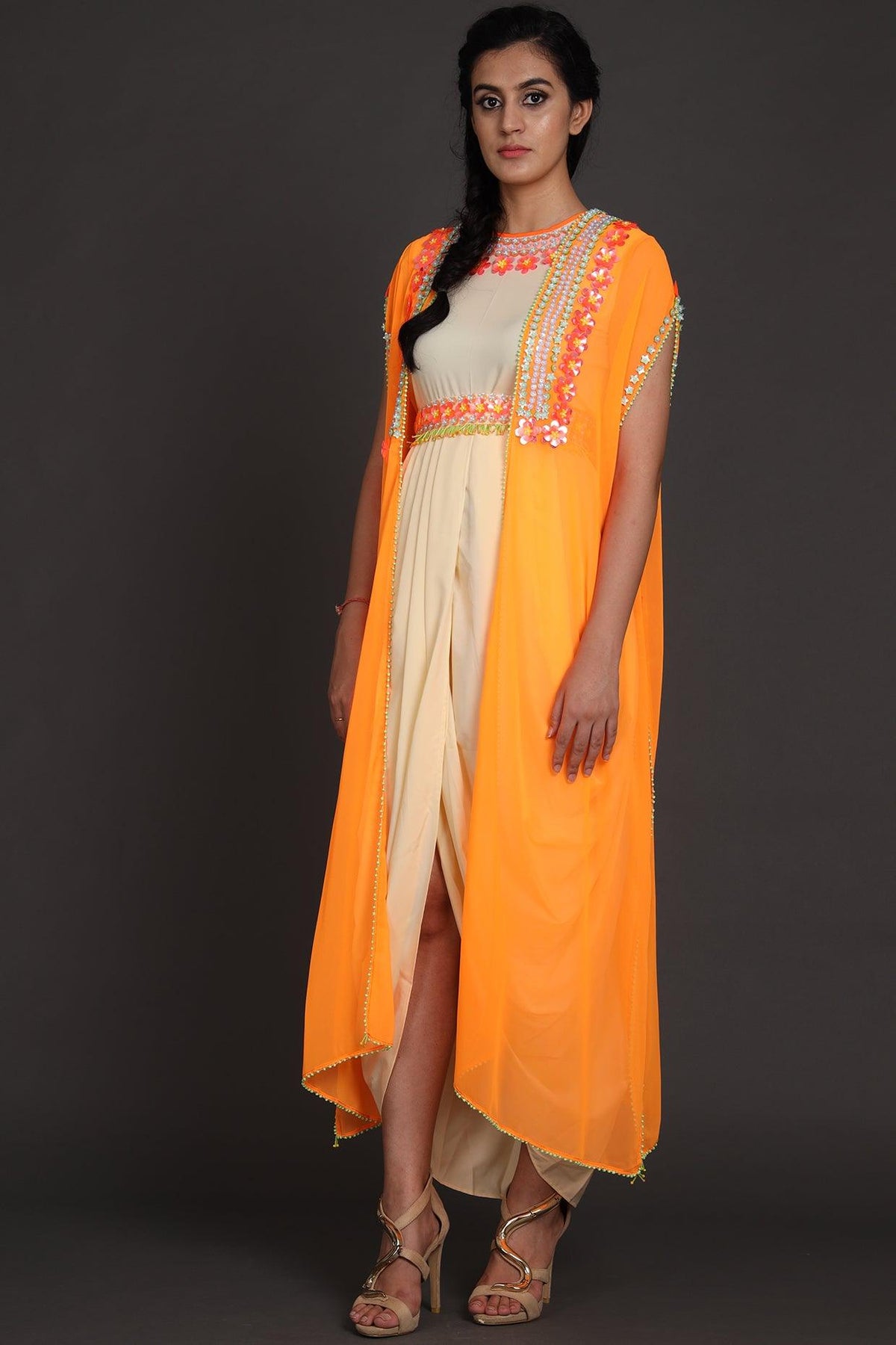 Orange & Cream Embroidered Jumpsuit With Cape - Preeti s kapoor