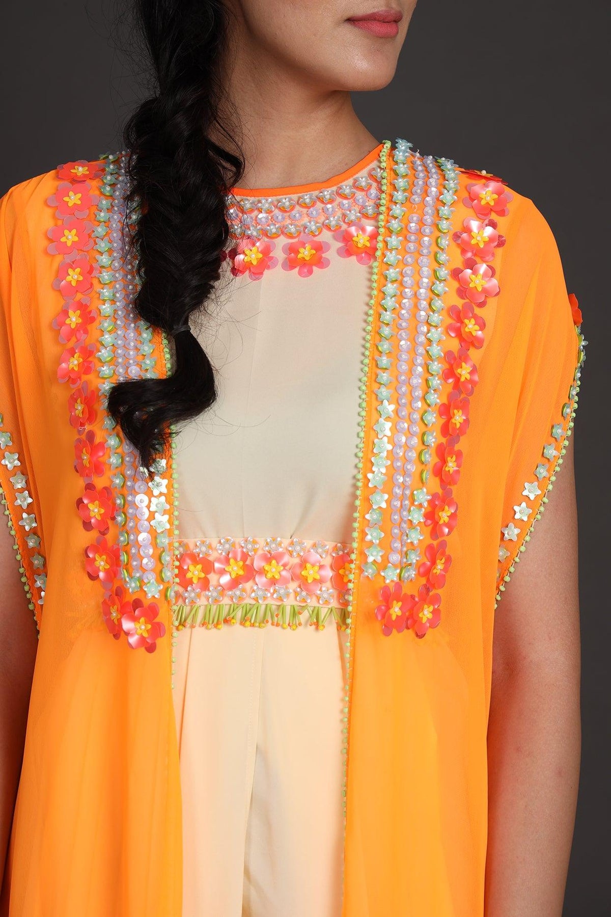 Orange & Cream Embroidered Jumpsuit With Cape - Preeti s kapoor