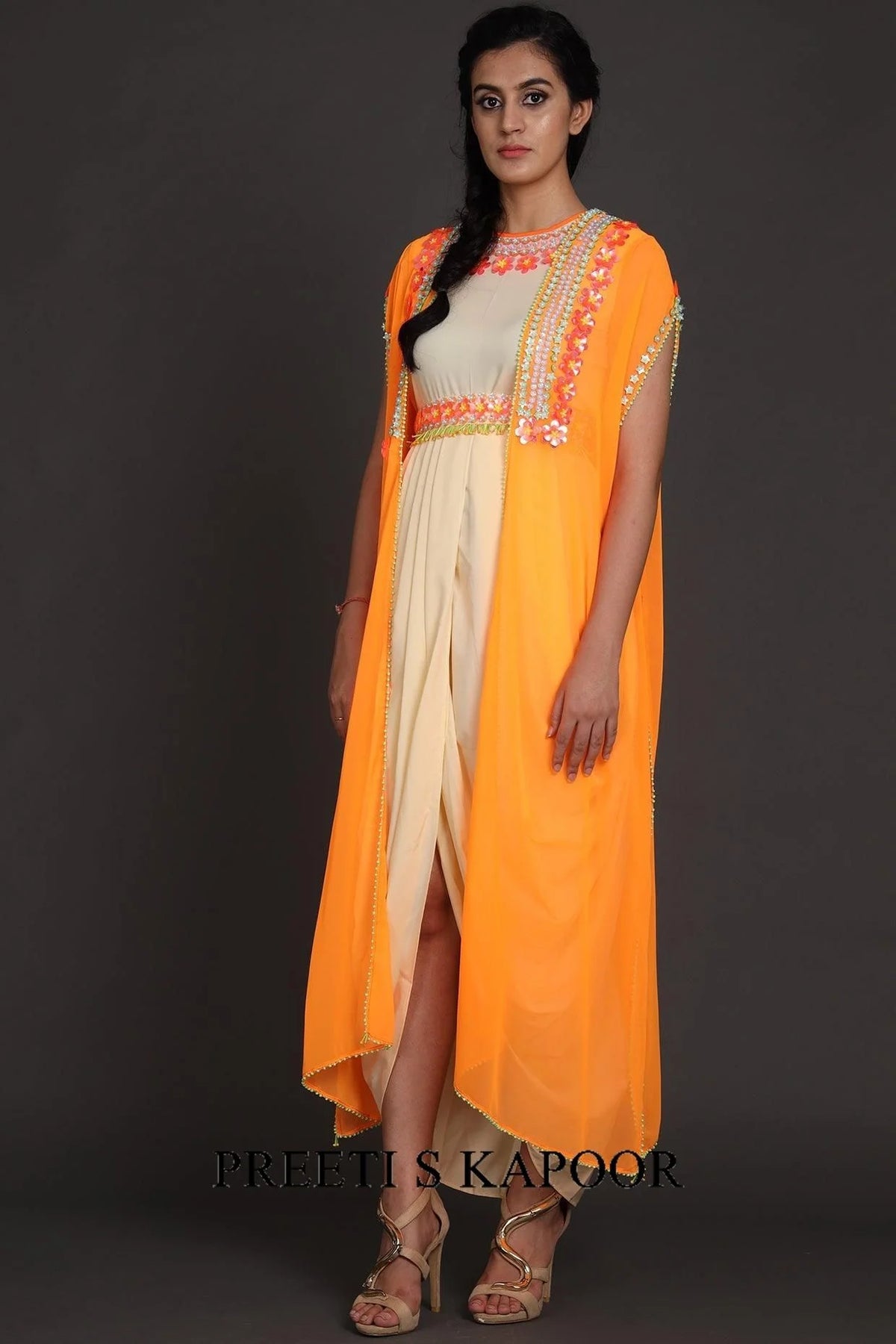 Orange & Cream Embroidered Jumpsuit With Cape - Preeti S Kapoor