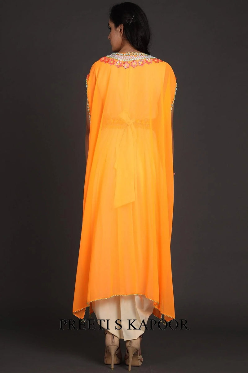 Orange & Cream Embroidered Jumpsuit With Cape - Preeti S Kapoor