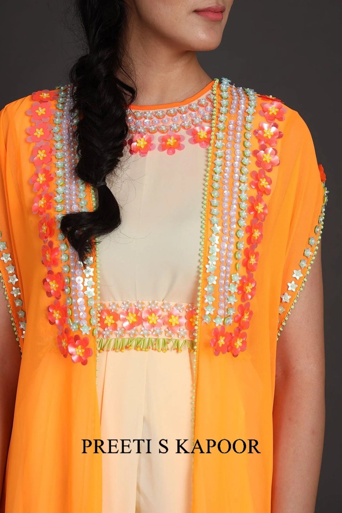 Orange & Cream Embroidered Jumpsuit With Cape - Preeti S Kapoor