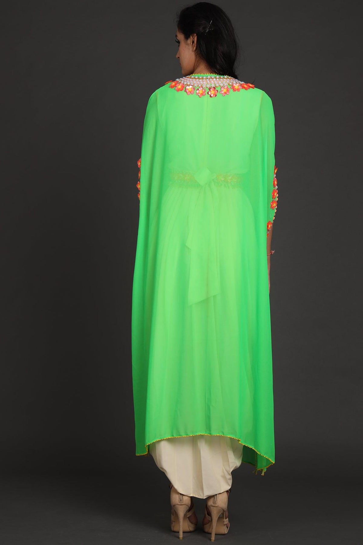 Green & Cream Embroidered Jumpsuit With Cape - Preeti s kapoor