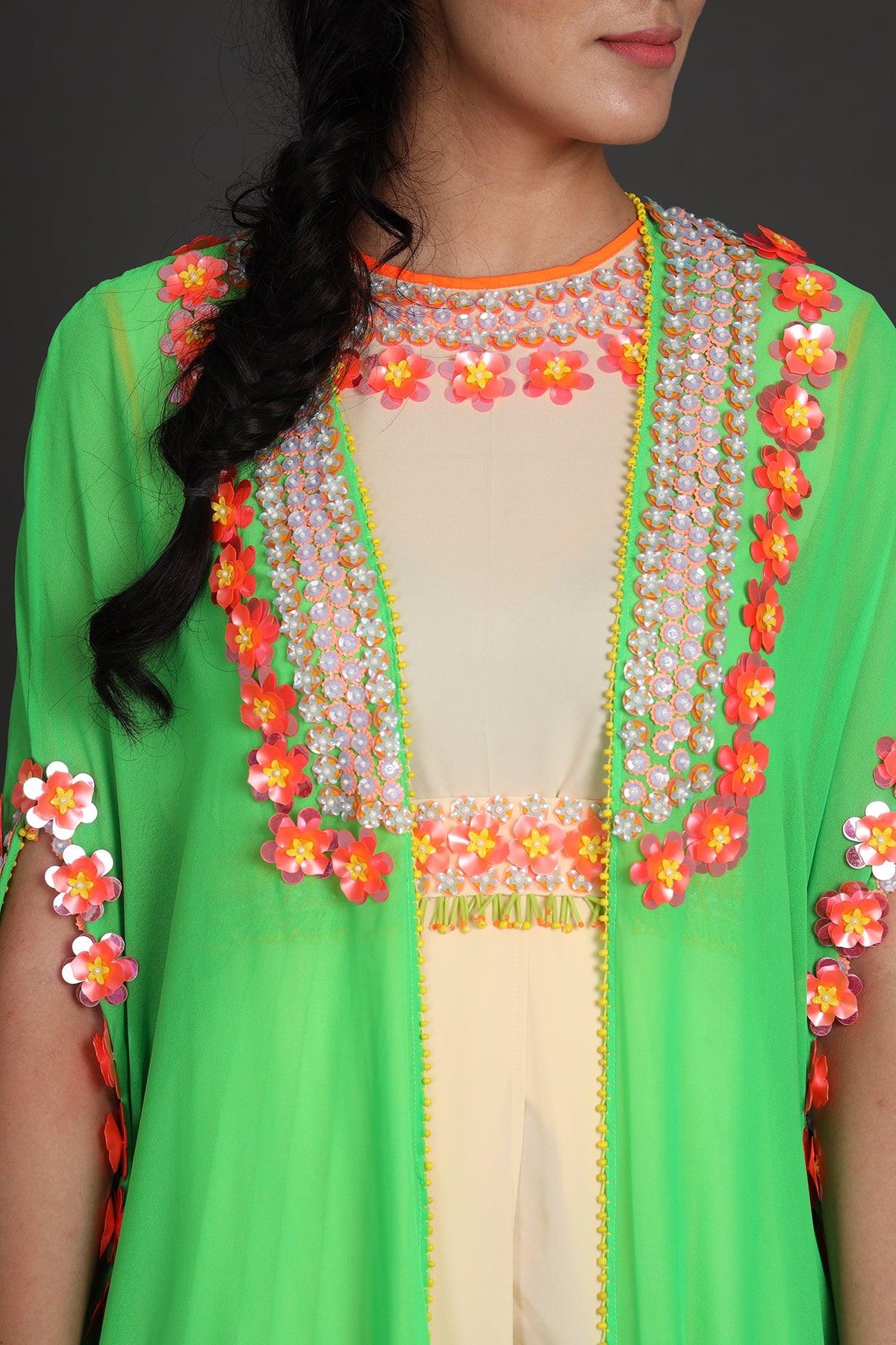 Green & Cream Embroidered Jumpsuit With Cape - Preeti s kapoor
