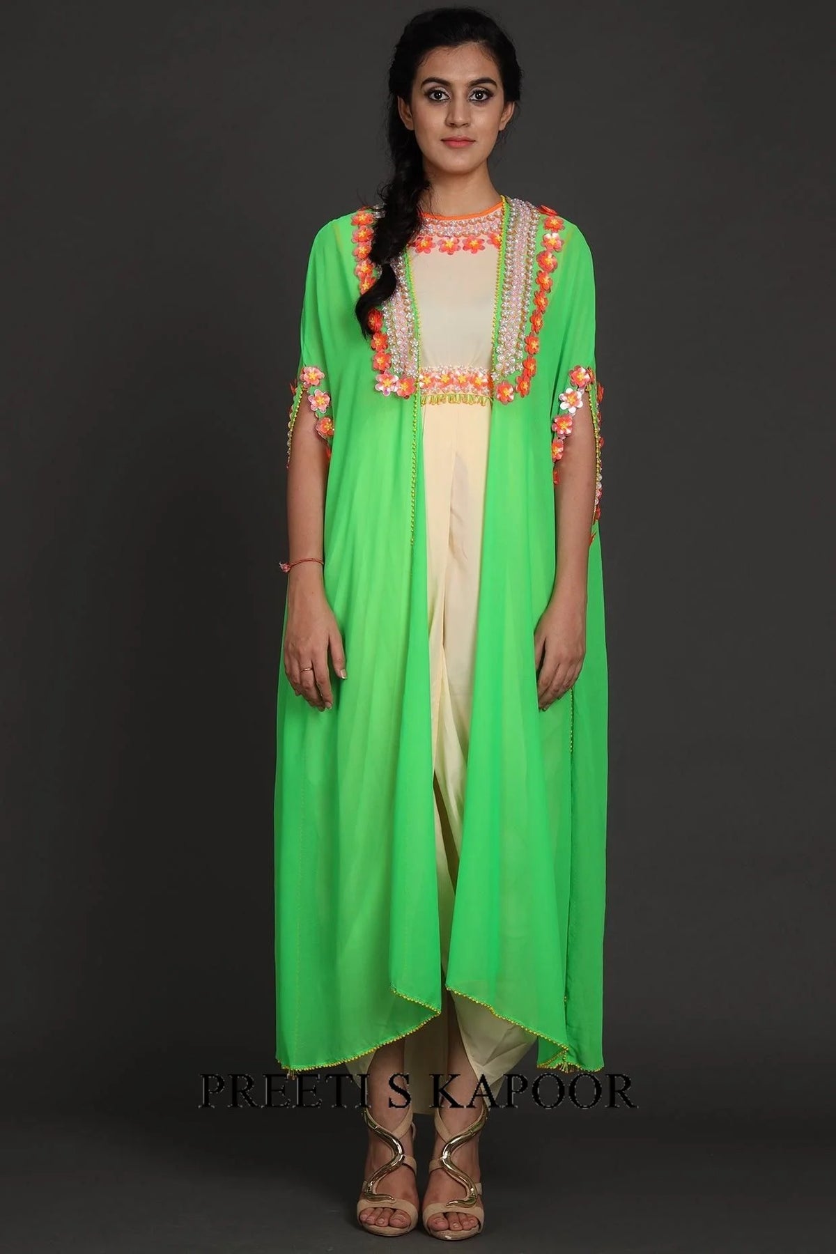 Green & Cream Embroidered Jumpsuit With Cape - Preeti S Kapoor
