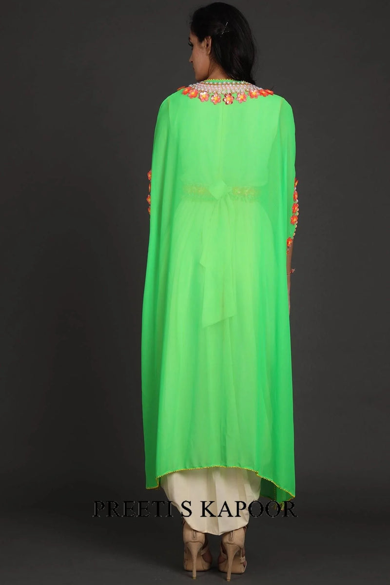 Green & Cream Embroidered Jumpsuit With Cape - Preeti S Kapoor