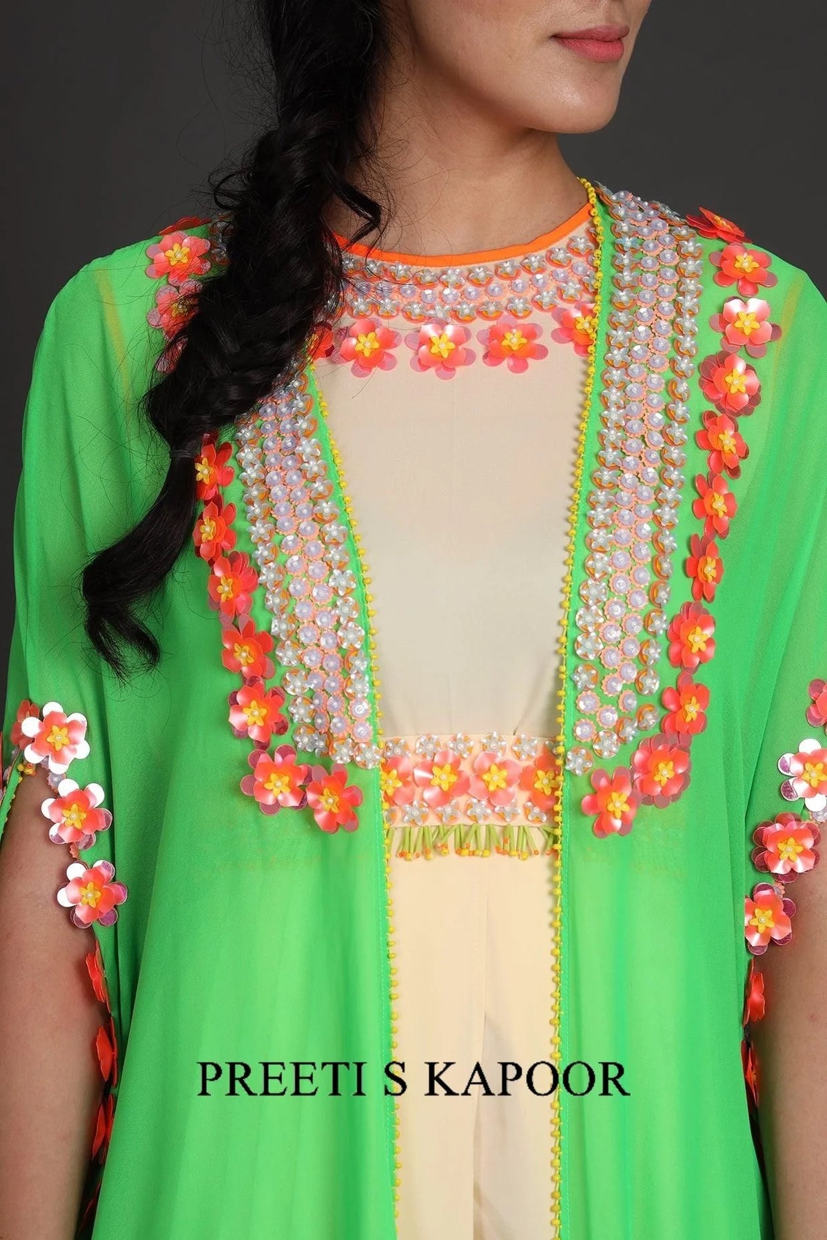 Green & Cream Embroidered Jumpsuit With Cape - Preeti S Kapoor