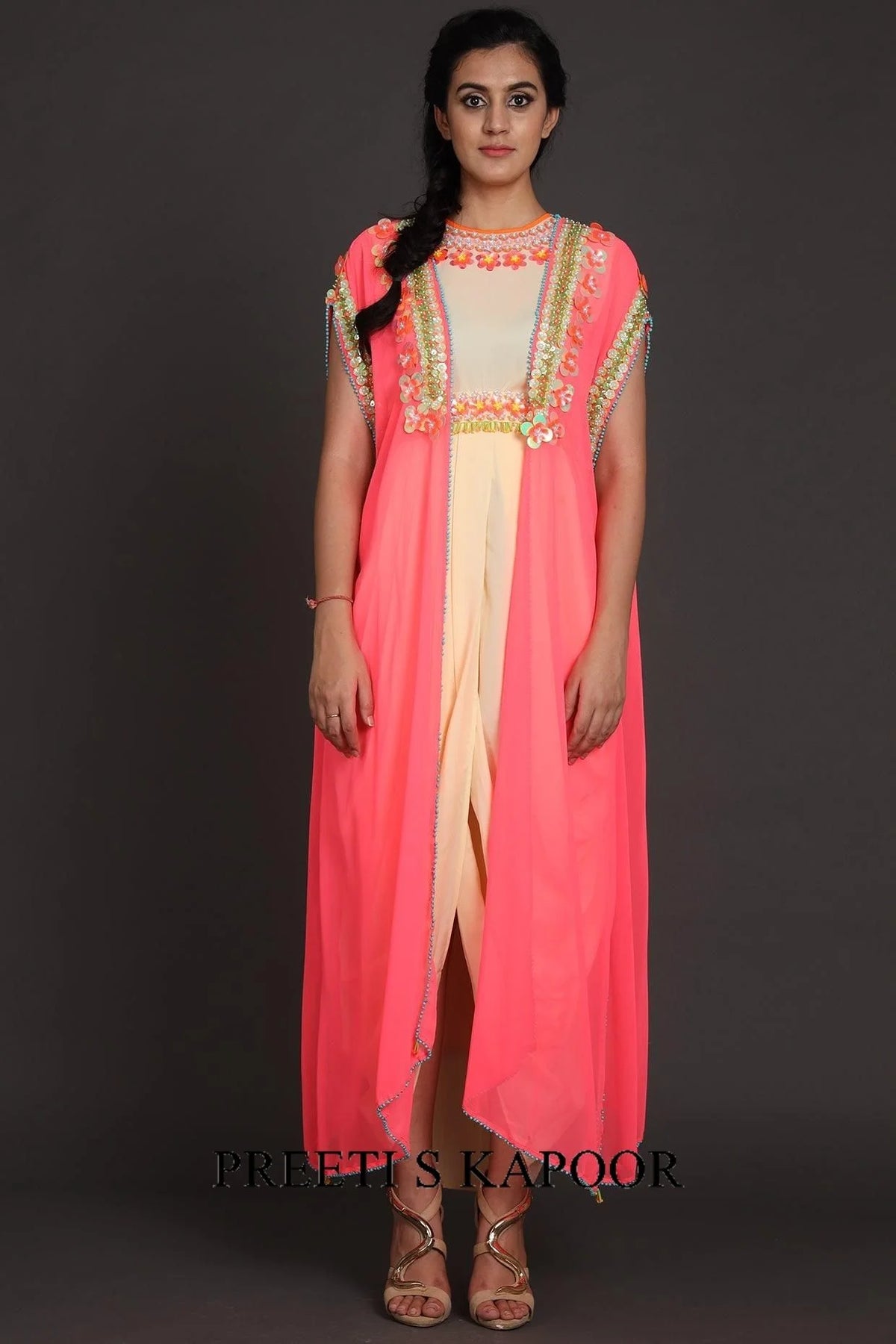 Pink & Cream Embroidered Jumpsuit With Cape - Preeti S Kapoor