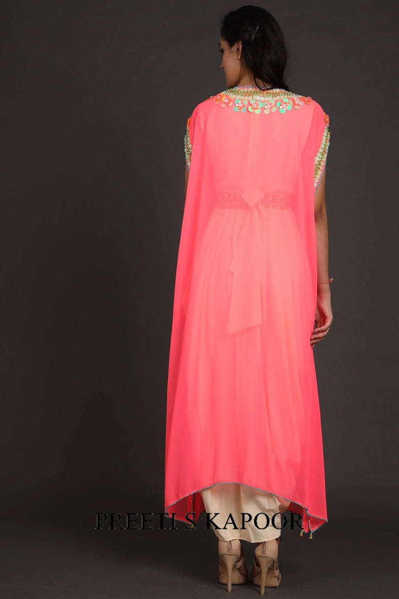 Pink & Cream Embroidered Jumpsuit With Cape - Preeti S Kapoor