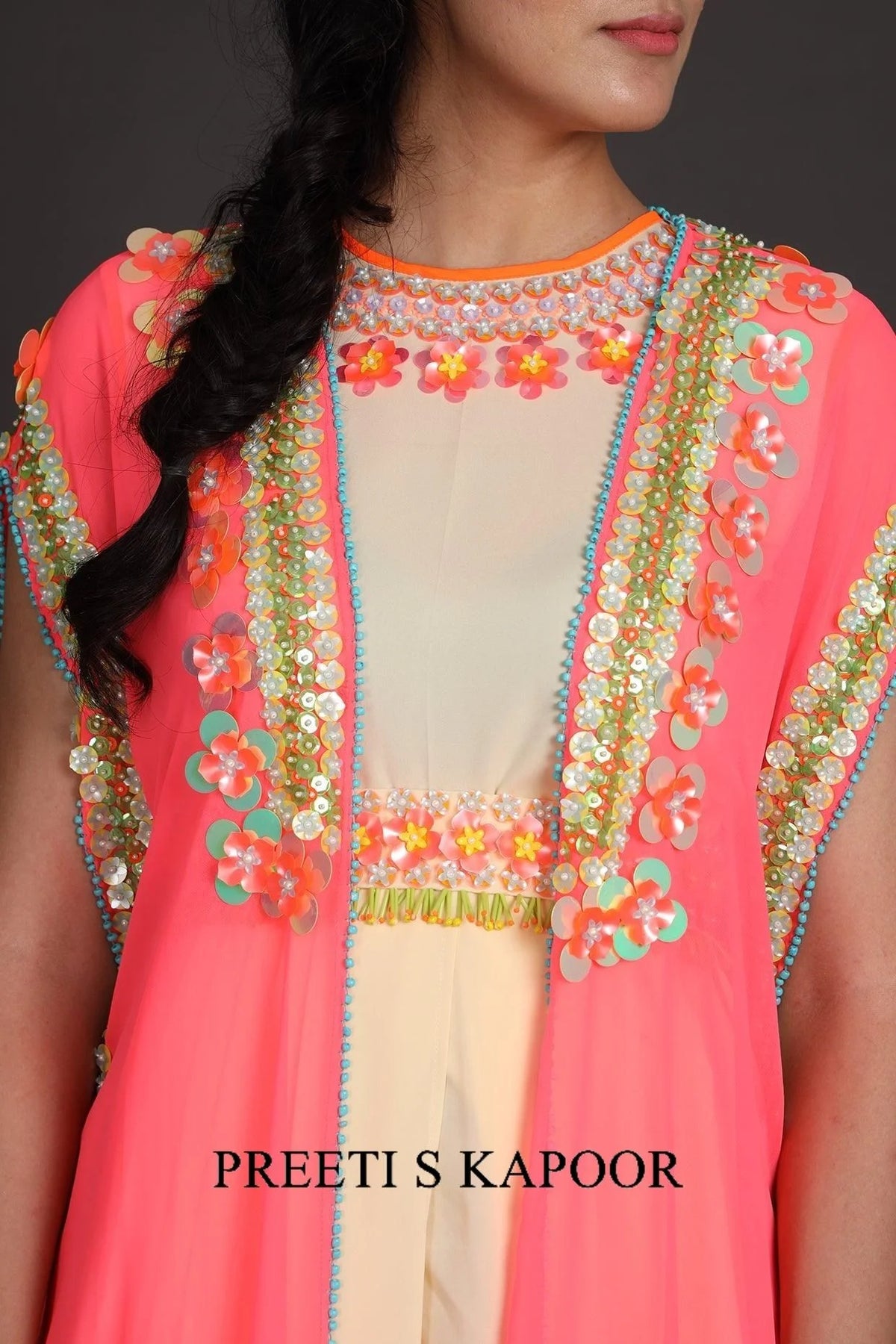 Pink & Cream Embroidered Jumpsuit With Cape - Preeti S Kapoor