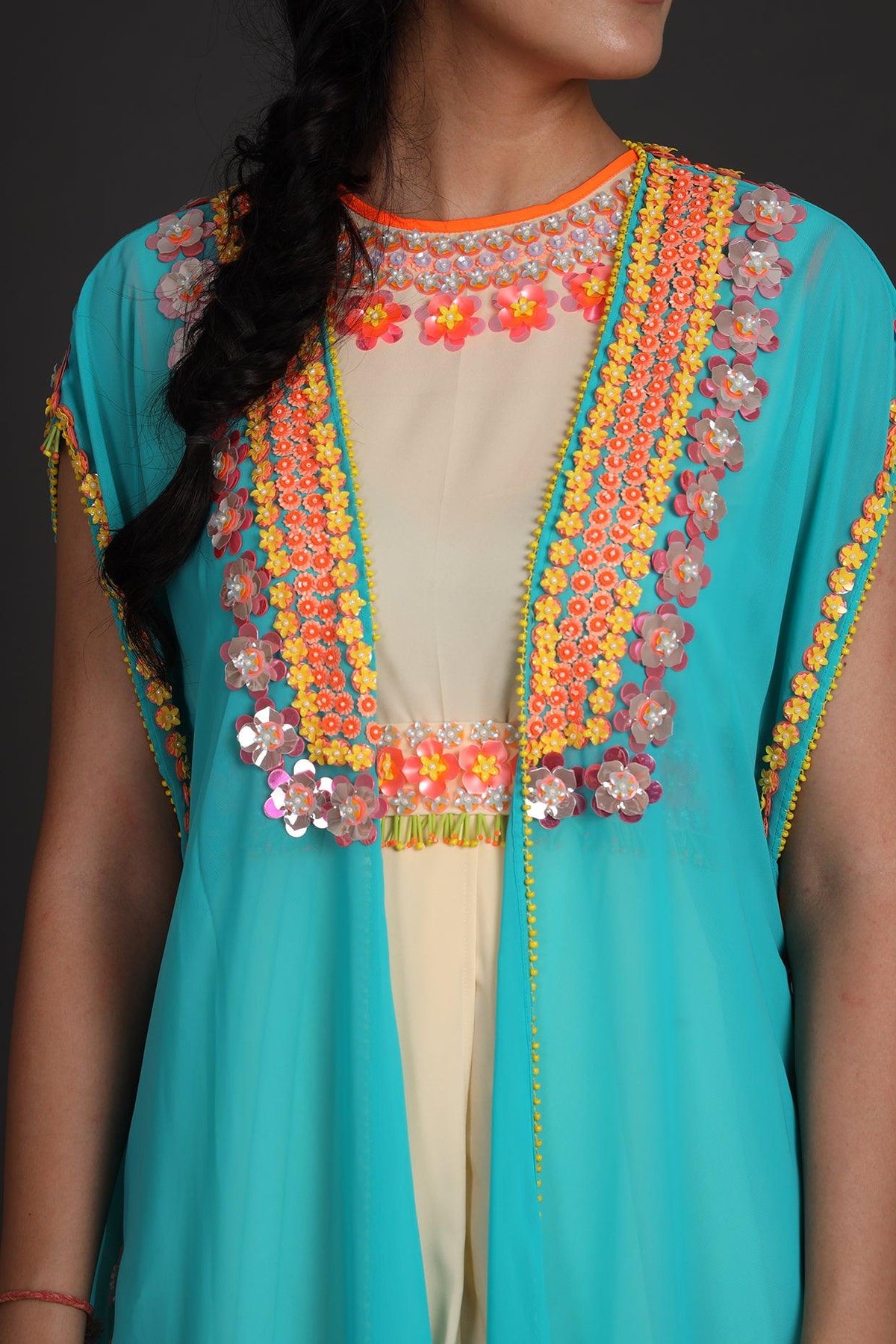 Blue & Cream Embroidered Jumpsuit With Cape - Preeti s kapoor