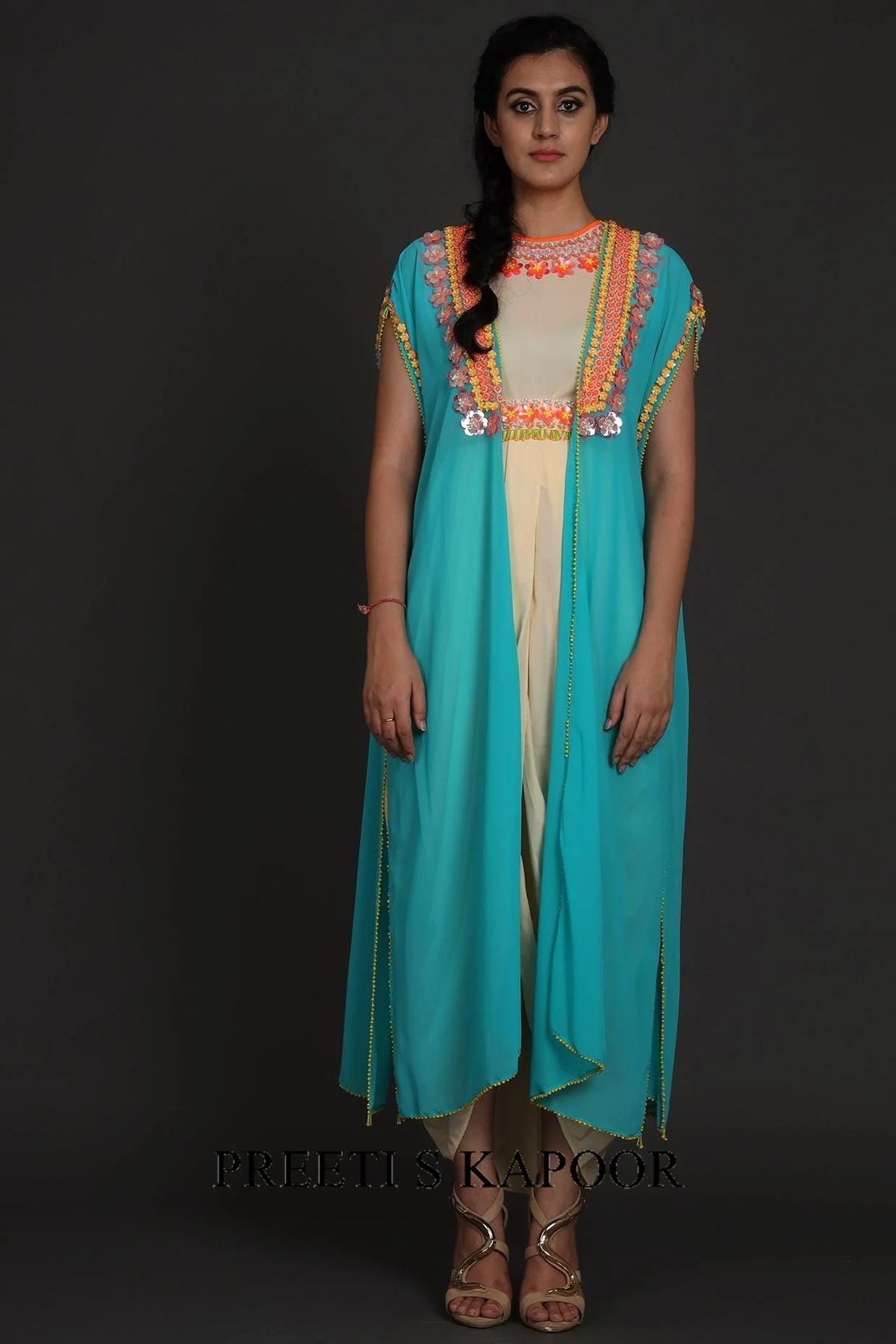 Blue & Cream Embroidered Jumpsuit With Cape - Preeti S Kapoor